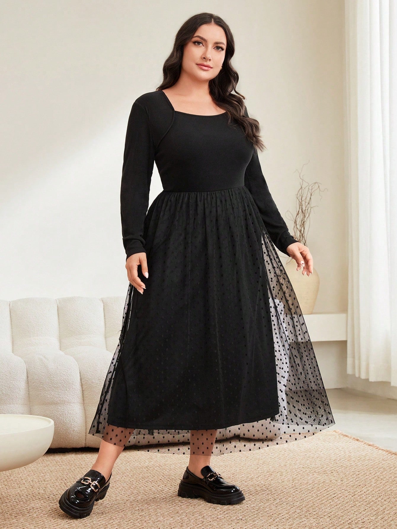 SHEIN Mulvari plus Size Women'S Polka Dot Mesh Overlay Dress