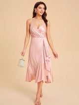 SHEIN Belle Wrap Ruffle Hem Satin Cami Bridesmaid Dress