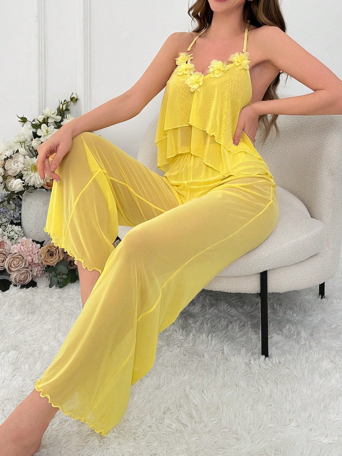 Women'S Mesh Applique Halter Sleepwear Set
