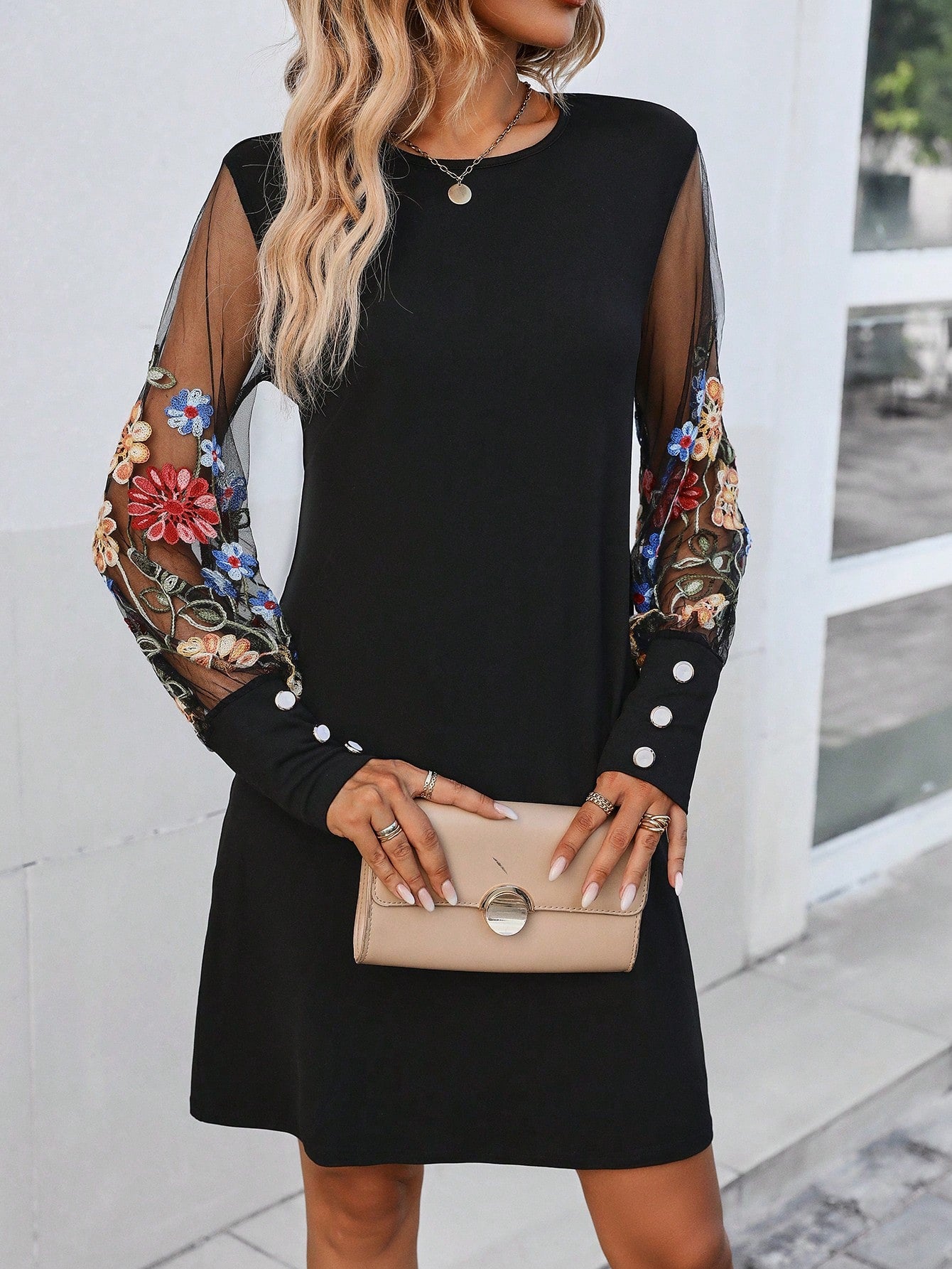 Floral Embroidery Contrast Mesh Sleeve Dress