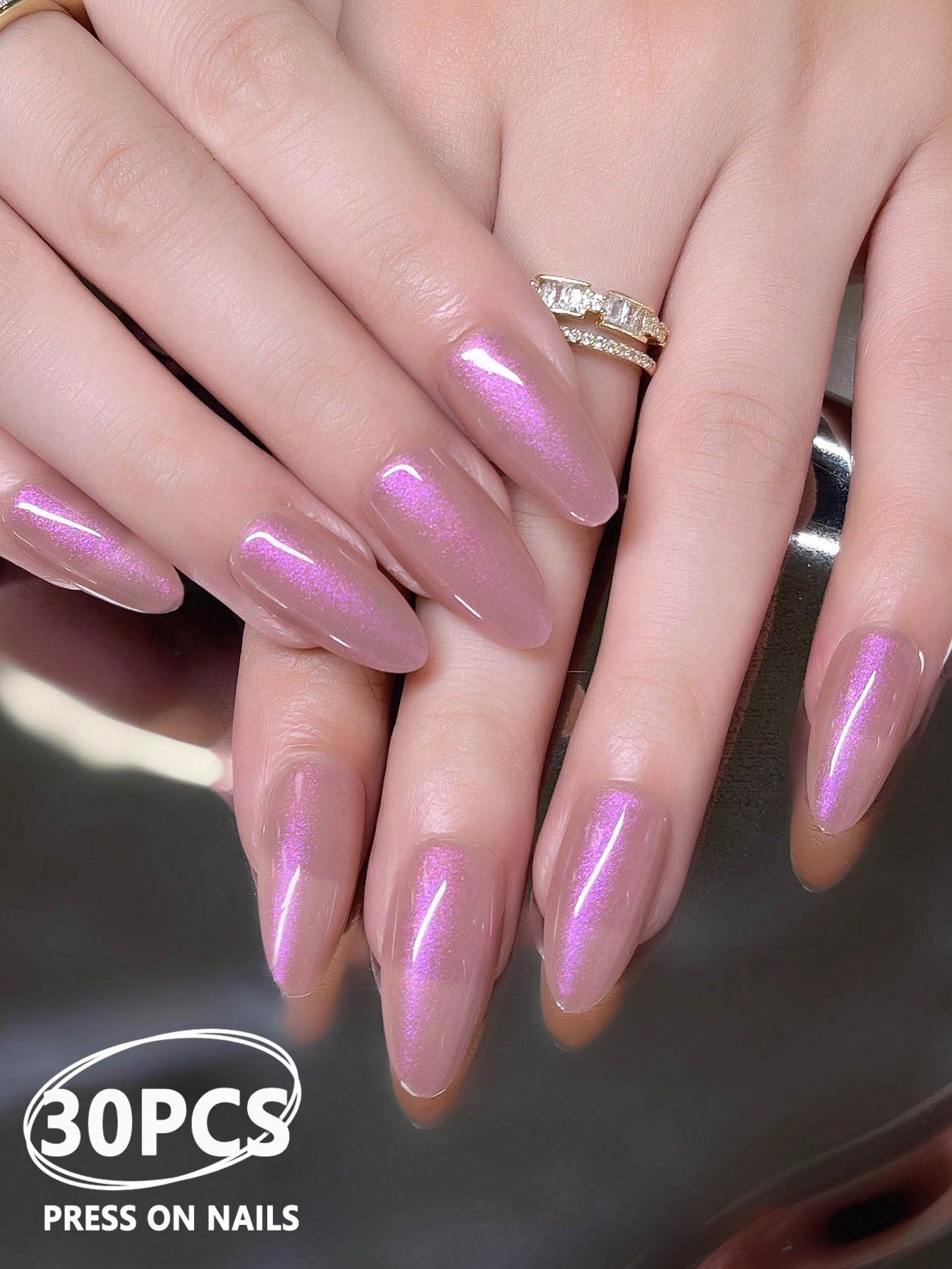 30Pcs Sweet Style Long Pointed Purple Laser Sequins False Nails with 1Pc Nail File and 1Pc Jelly Glue Included