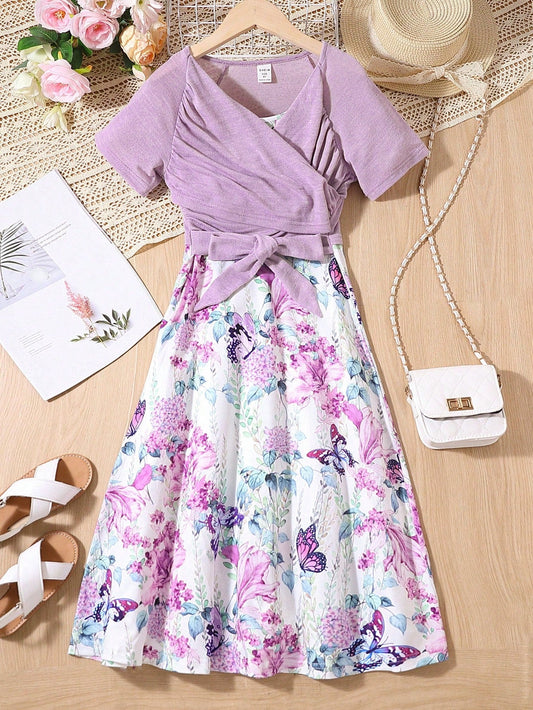 SHEIN Kids SUNSHNE Girls Floral & Butterfly Print Surplice Neck 2 in 1 Dress