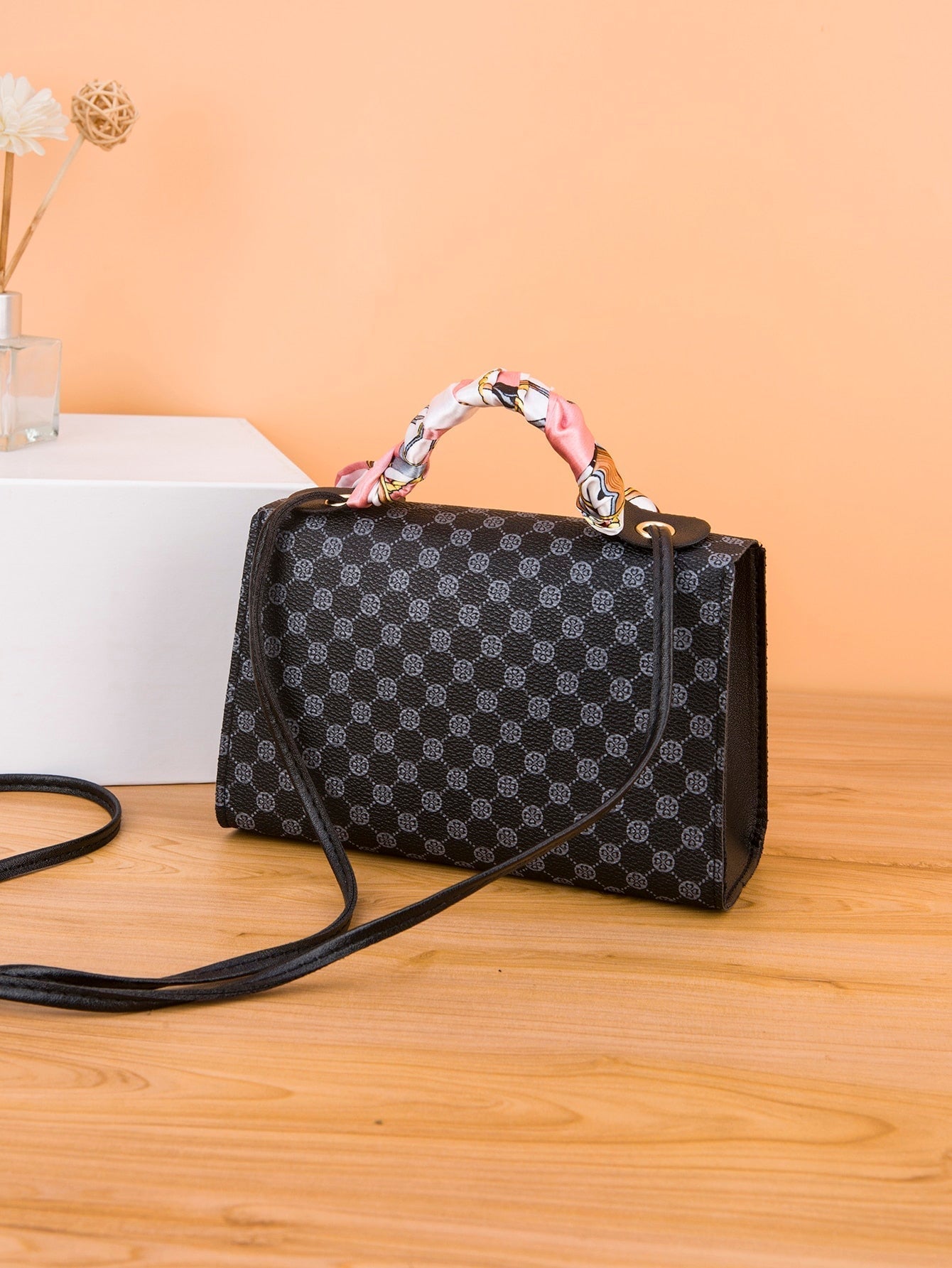 Waterproof Trendy Mini Geometric Pattern Flip Pu Square Bag with Twilly Scarf