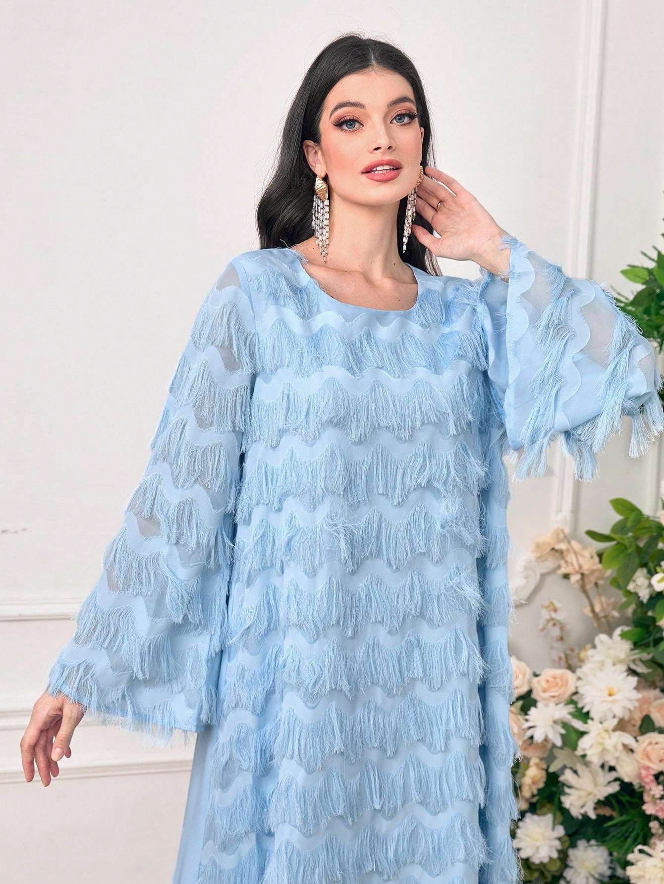 SHEIN Najma Solid Flounce Sleeve Fuzzy Dress