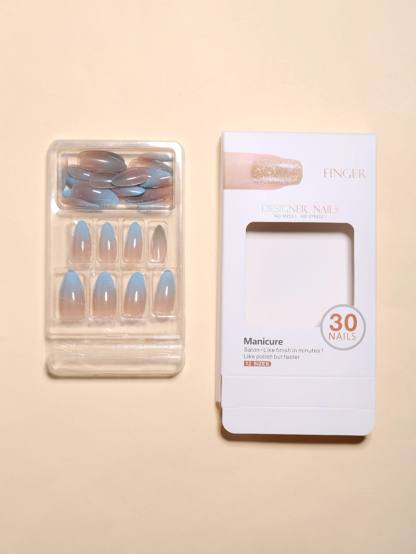 30Pcs/Set Long Pointed Sky Blue Gradient False Nails with 1Pc Nail File, 1Pc Jelly Glue