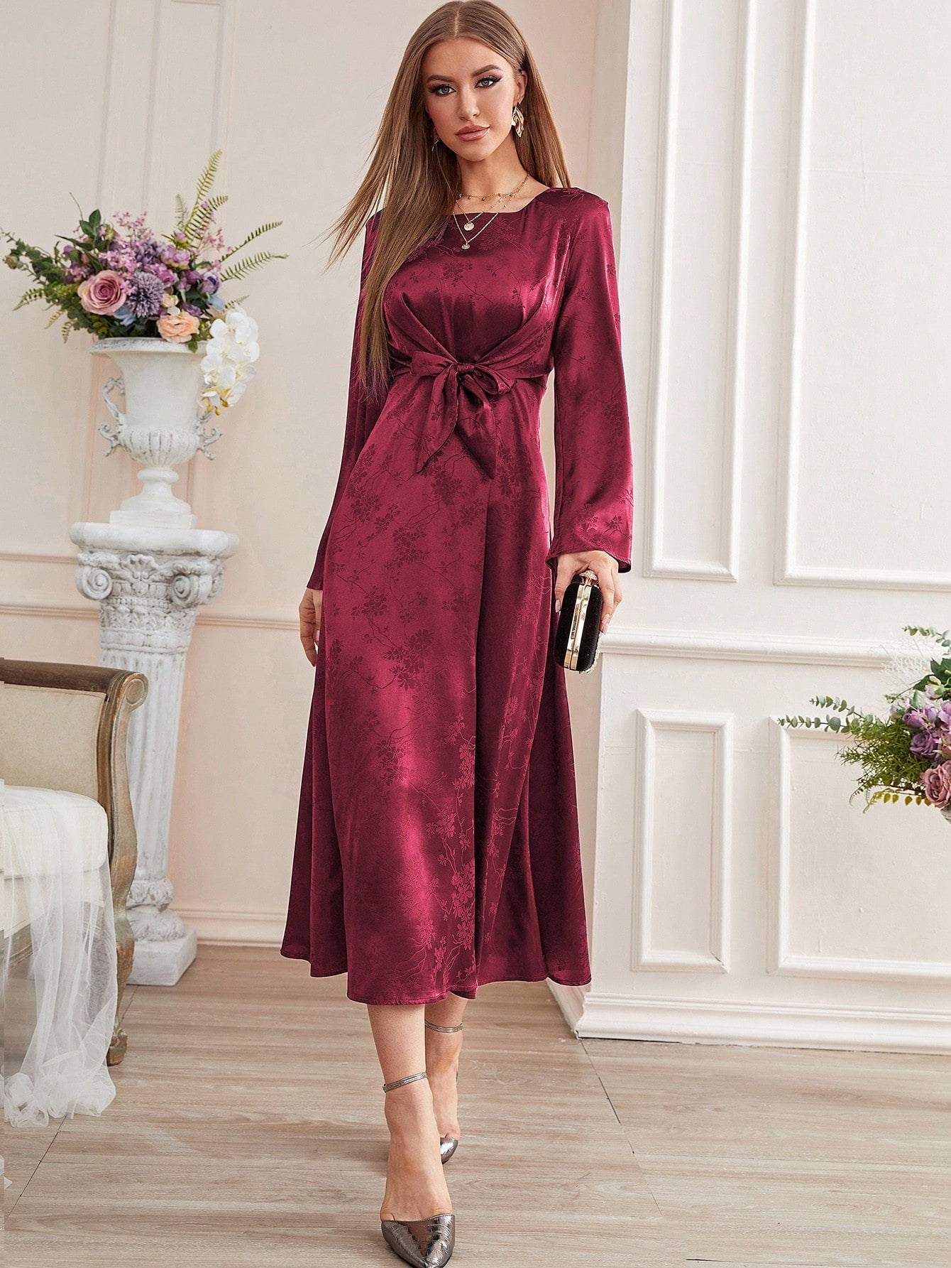 SHEIN Modely Floral Jacquard Flounce Sleeve Belted Dress