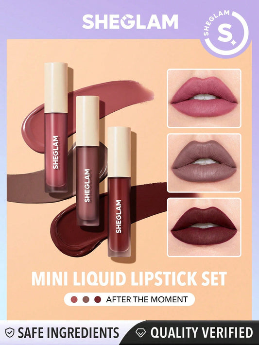 SHEGLAM Matte Allure Mini Liquid Lipstick Set - after the Moment 3 Pcs/Set Long Lasting Lipstick Nourishing Sunflower Oil Reduce Lip Fine Lines Liquid Lipstick Travel Set Black Friday Party Liquid Lipstick