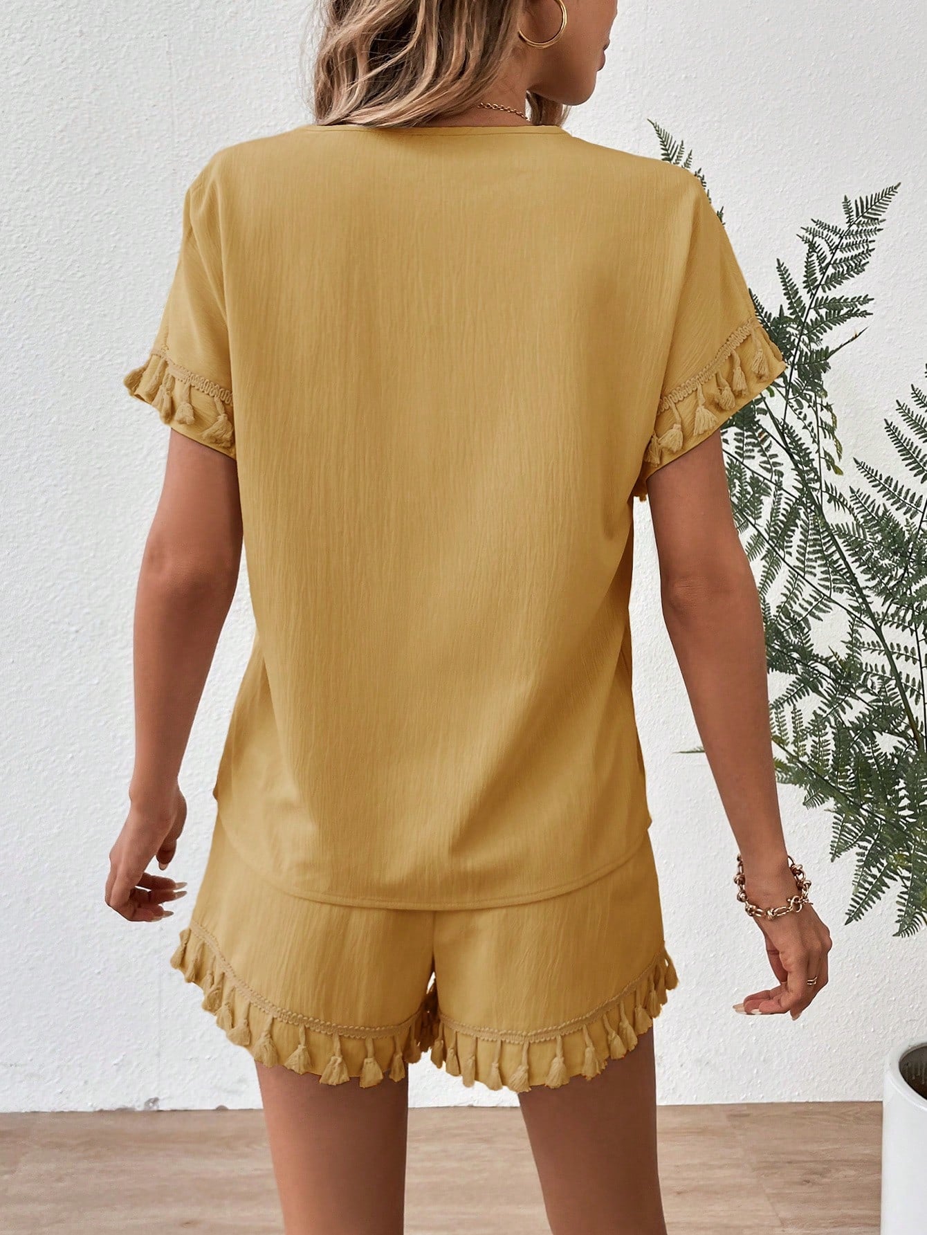 SHEIN VCAY Solid Fringe Trim Batwing Sleeve Blouse & Shorts