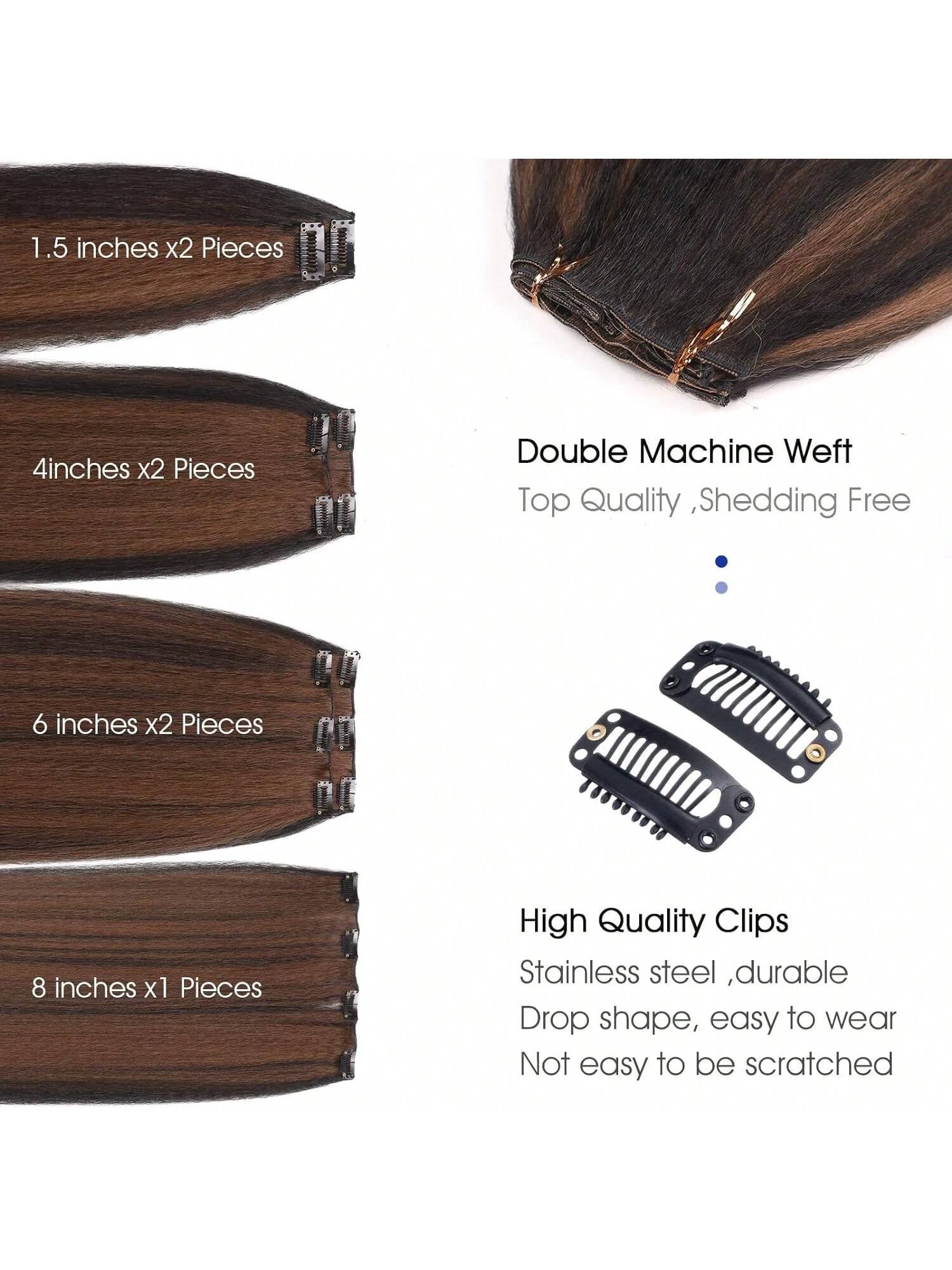 7 Pieces Kinky Straight Clip in Hair Extensions Brown Blend Hair Extensions Clip Ins for Women Synthetic Yaki Straight Clip in Hair Extensions