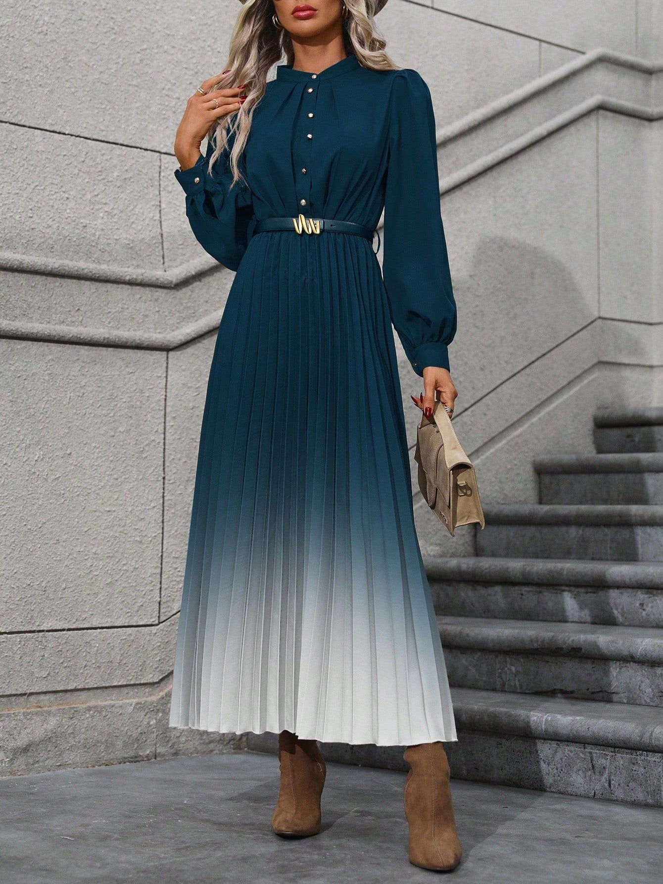 Ombre Lantern Sleeve Dress, Belt Not Included