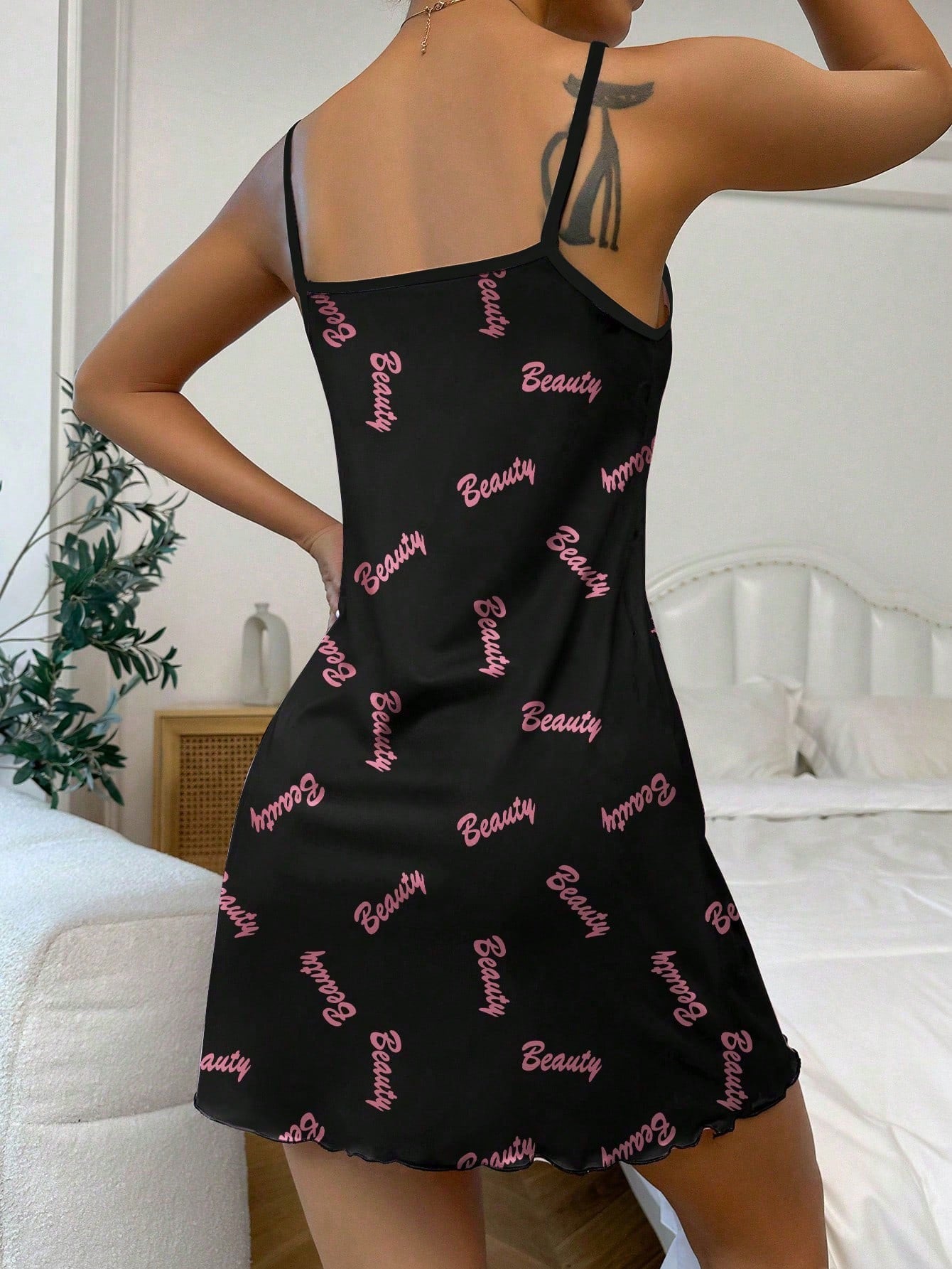 Letter Graphic Ruffle Hem Cami Nightdress