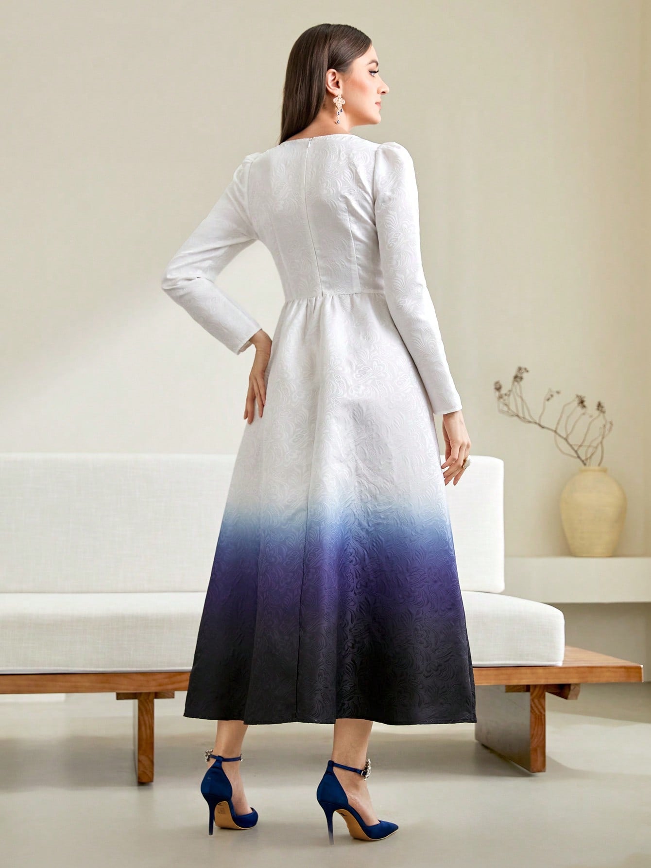 SHEIN Modely Ombre Print Sweetheart Neck Gigot Sleeve Dress without Belt