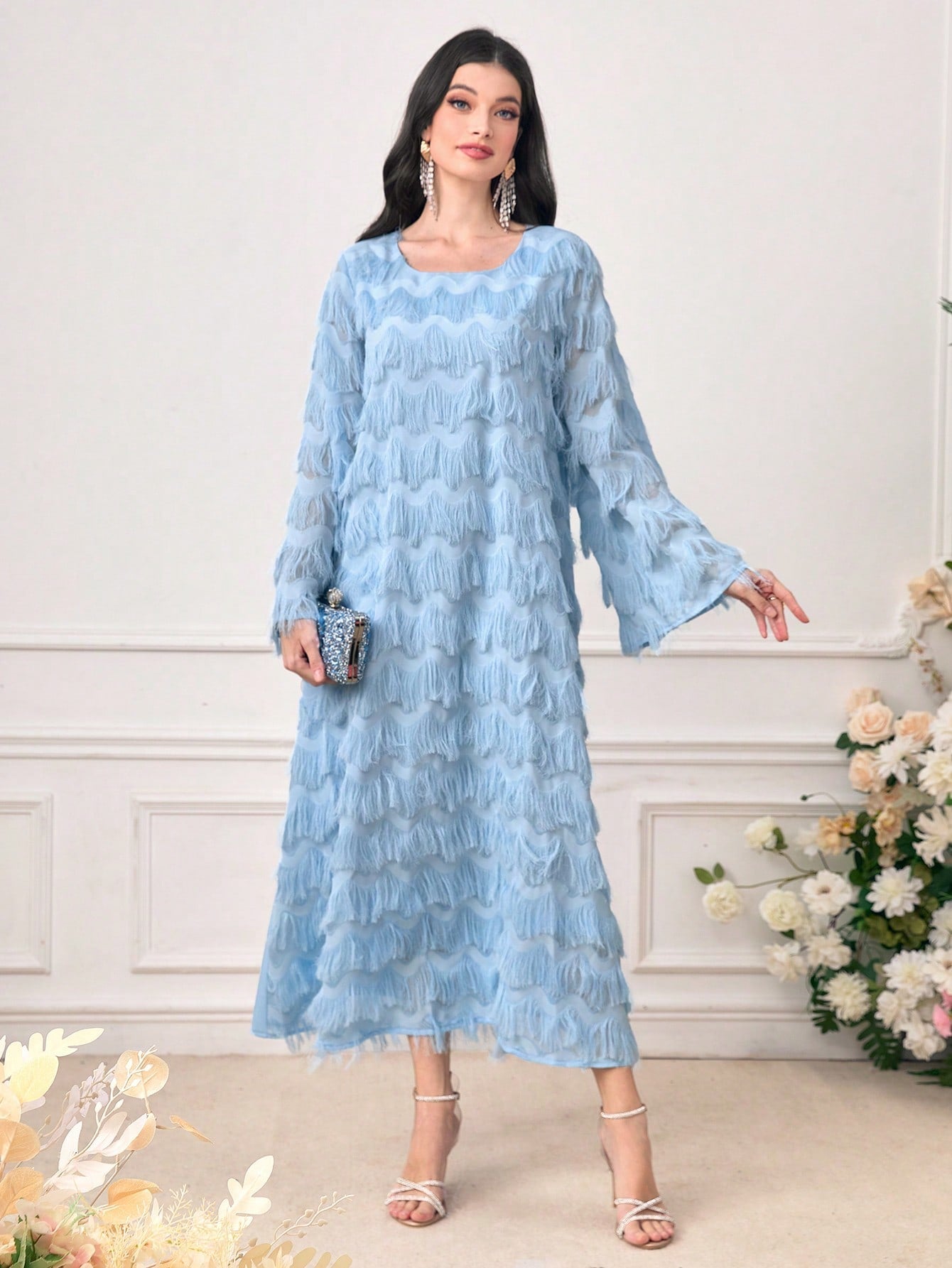 SHEIN Najma Solid Flounce Sleeve Fuzzy Dress