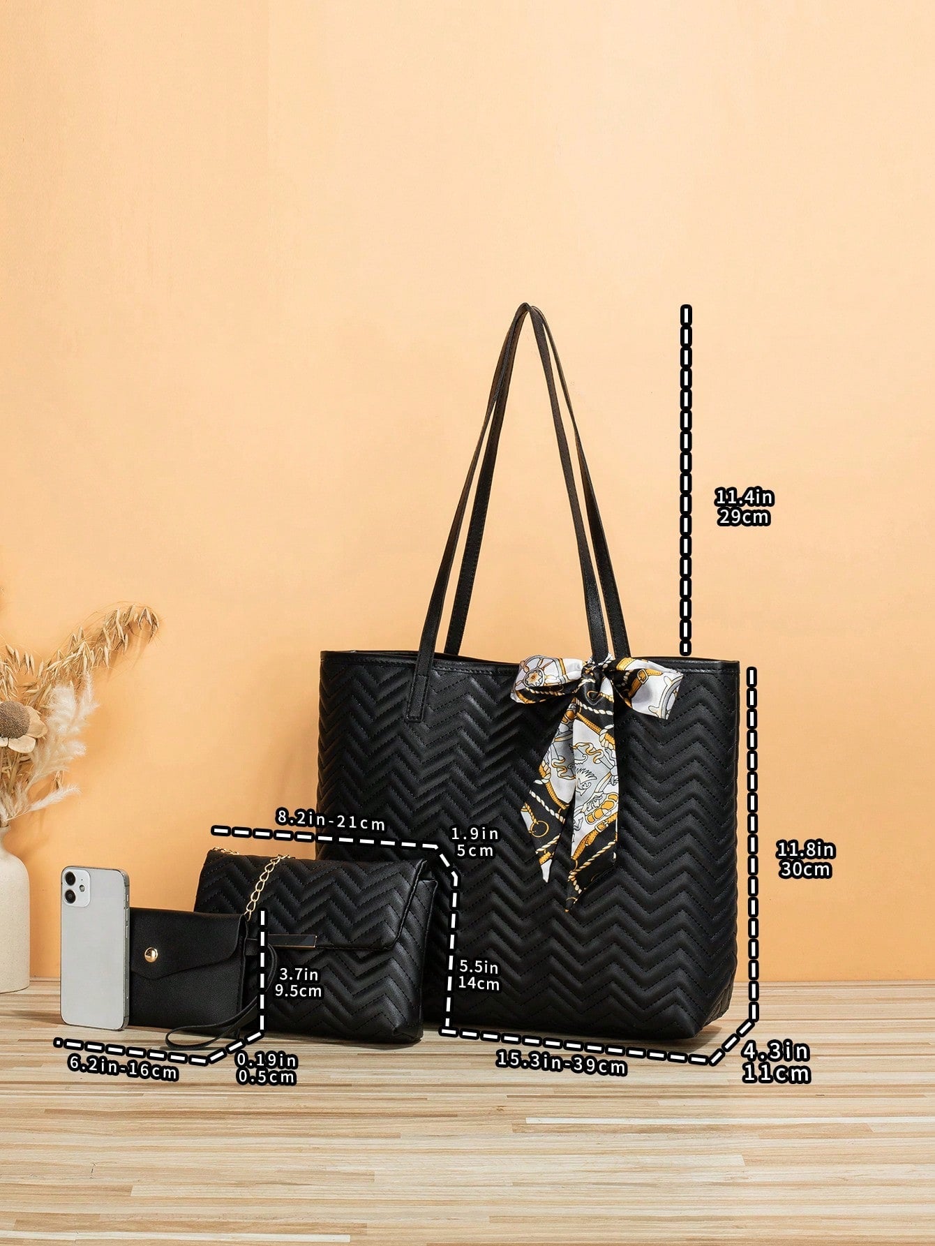 3Pcs Bag Set Shoulder Tote Crossbody Bag Purse Wallet PU Chevron Twilly Scarf Decor Fashionable, Best Work Bag for Women