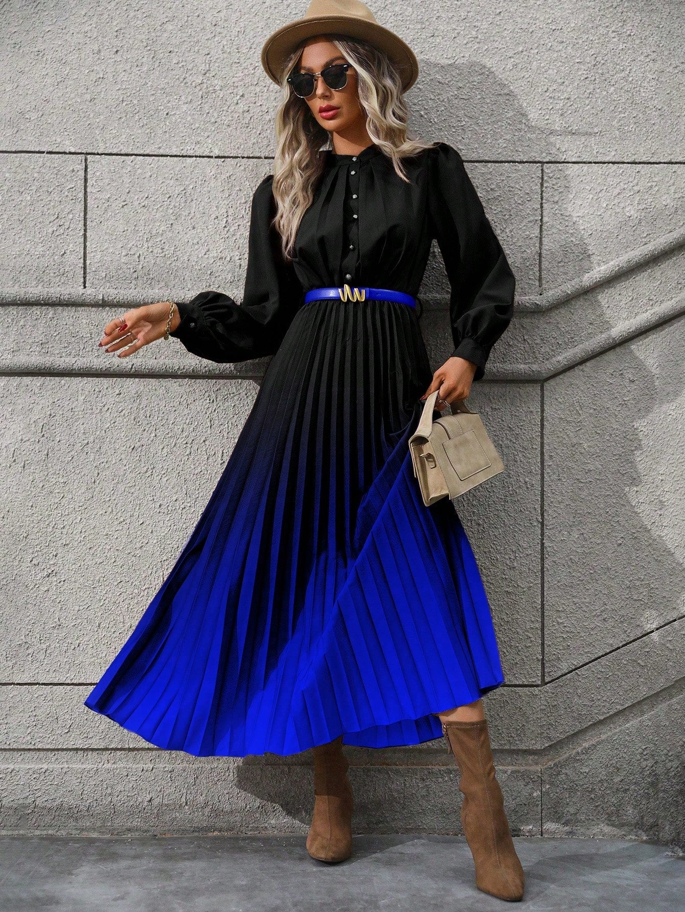 Ombre Pleated Hem Shirt Dress without Belt