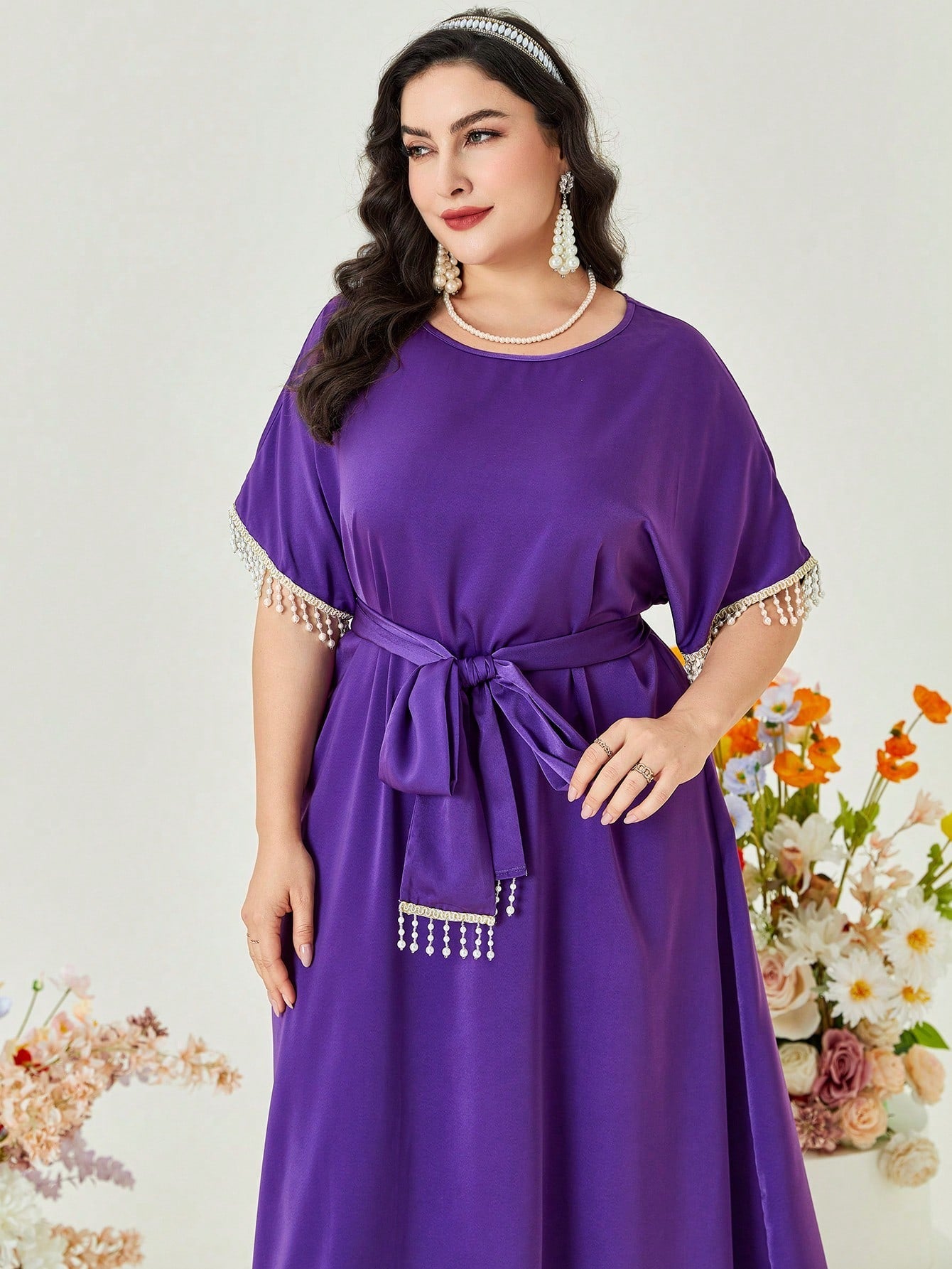SHEIN Najma plus Contrast Fringe Trim Belted Dress