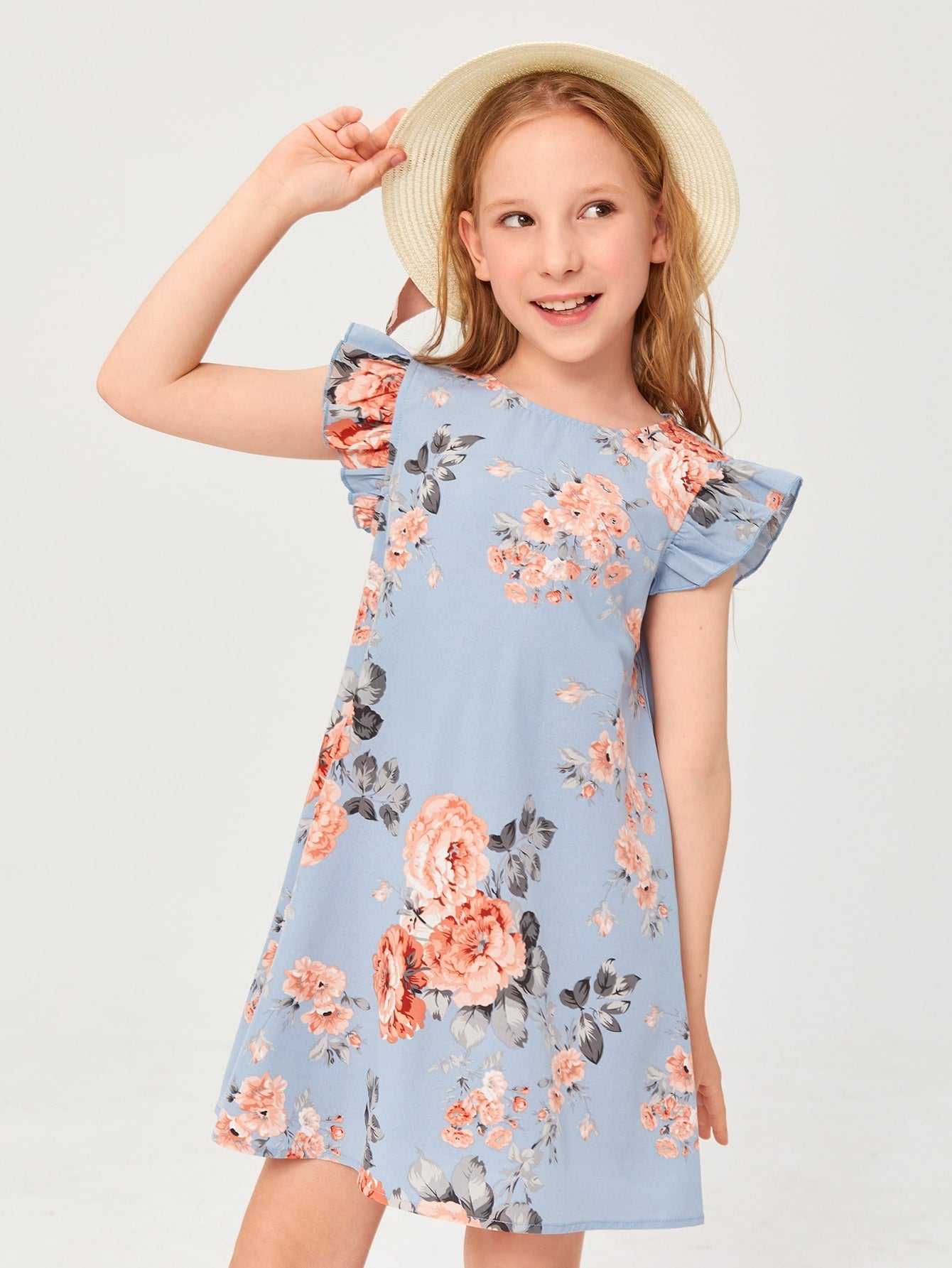 SHEIN Kids SUNSHNE Tween Girl Elegant round Neck Dress with Ruffle Hem, Floral Print