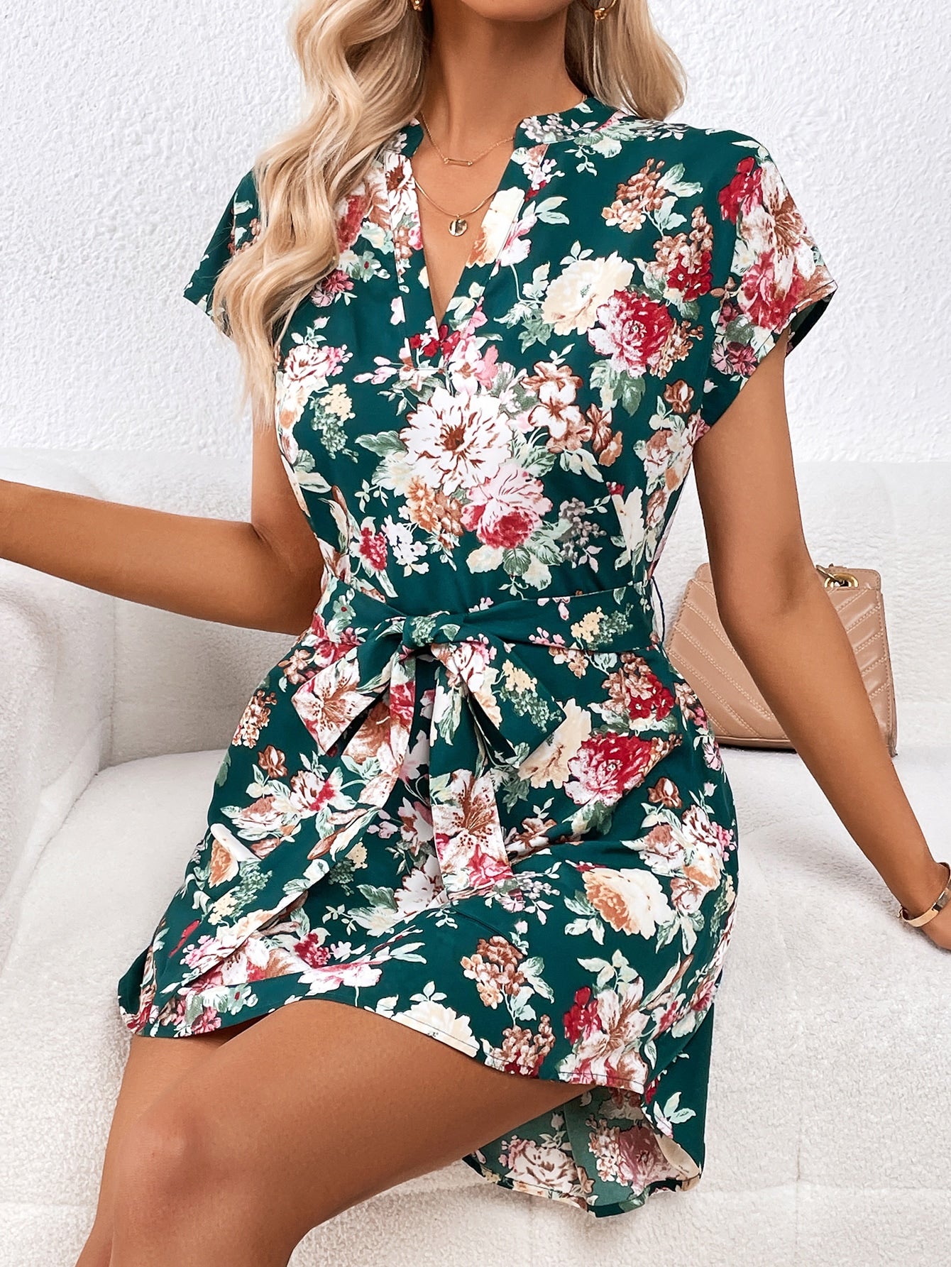 SHEIN Clasi Floral Print Notched Neck Belted Dress