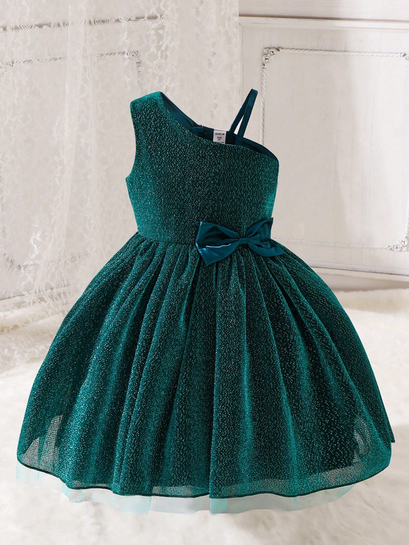 Young Girl Asymmetrical Neck Bow Front Mesh Overlay Glitter Party Dress for Christmas