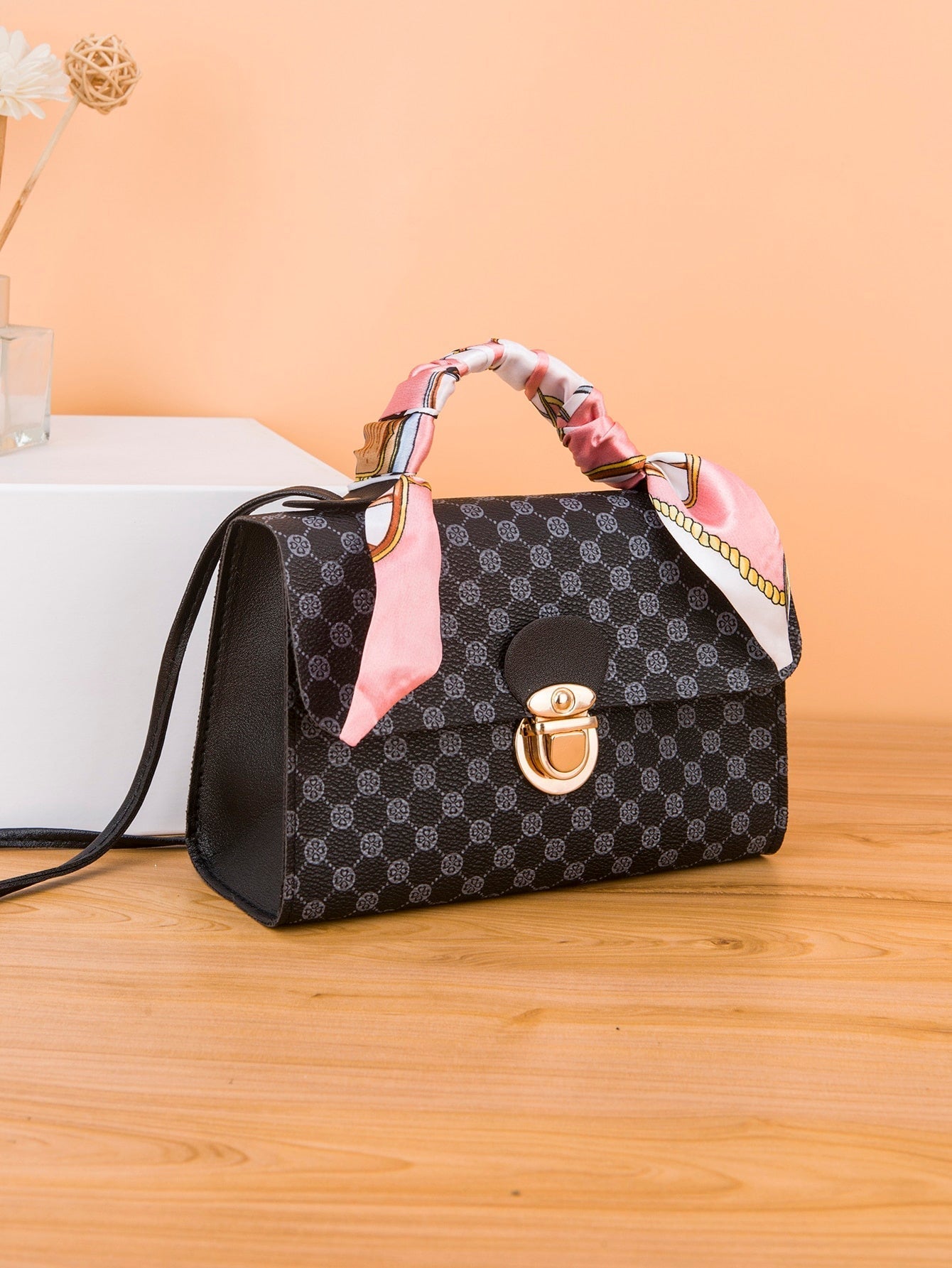 Waterproof Trendy Mini Geometric Pattern Flip Pu Square Bag with Twilly Scarf