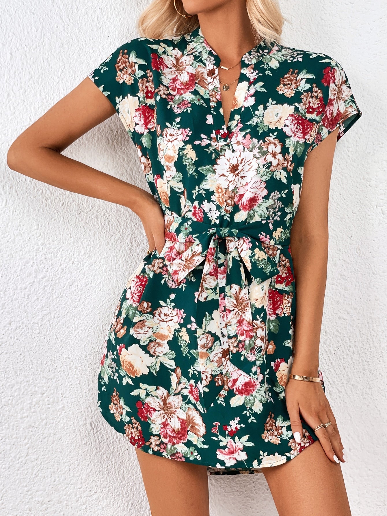 SHEIN Clasi Floral Print Notched Neck Belted Dress