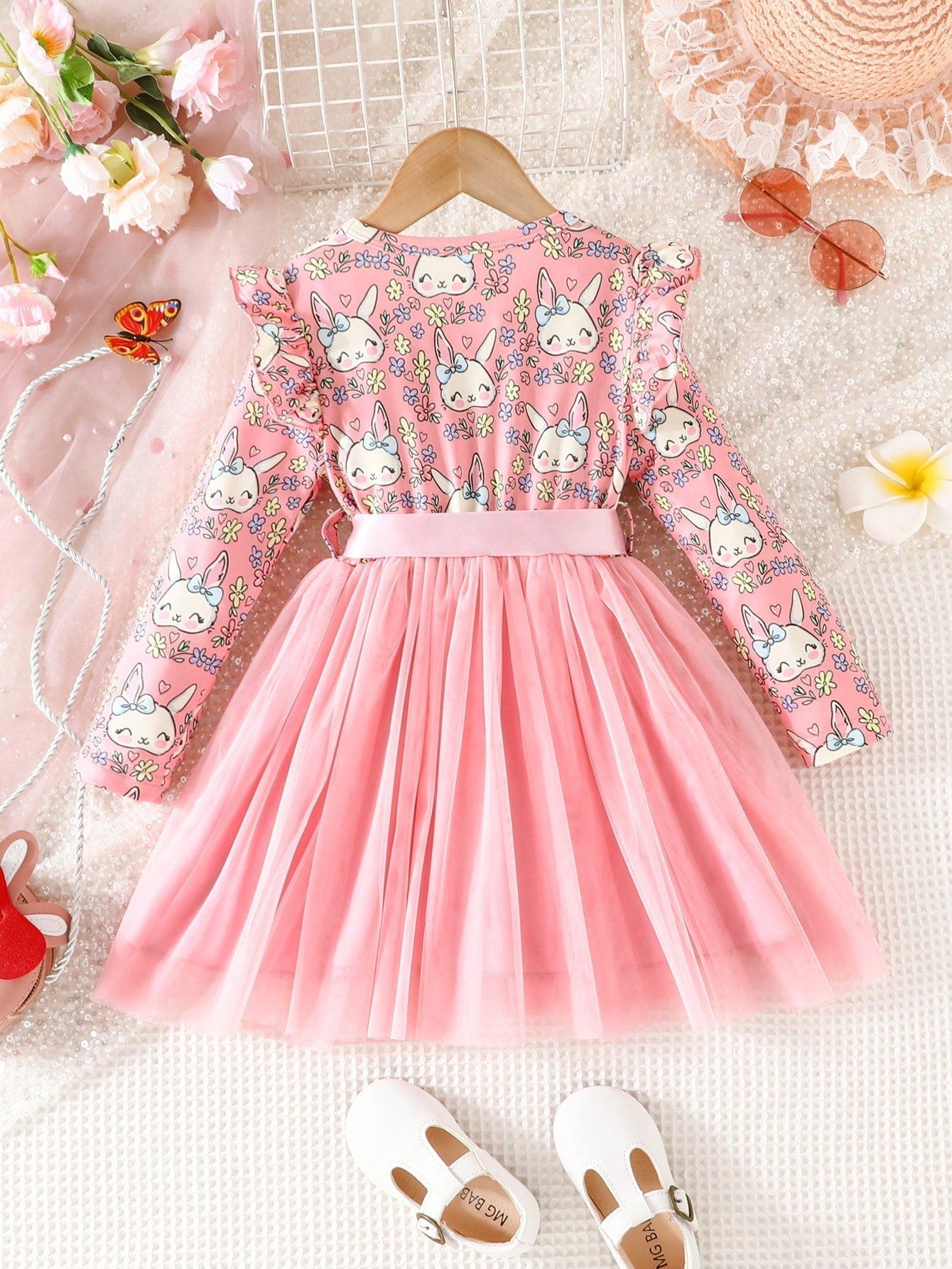 SHEIN Kids EVRYDAY Little Girl'S Romantic & Fashionable Printed Mesh Splice Dress for Spring & Autumn