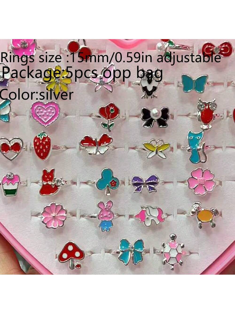 5Pcs/Pack Kids' Adjustable Ring with Oil Drop & Lovely Bowknot for Girl, White Plated (Without Box)