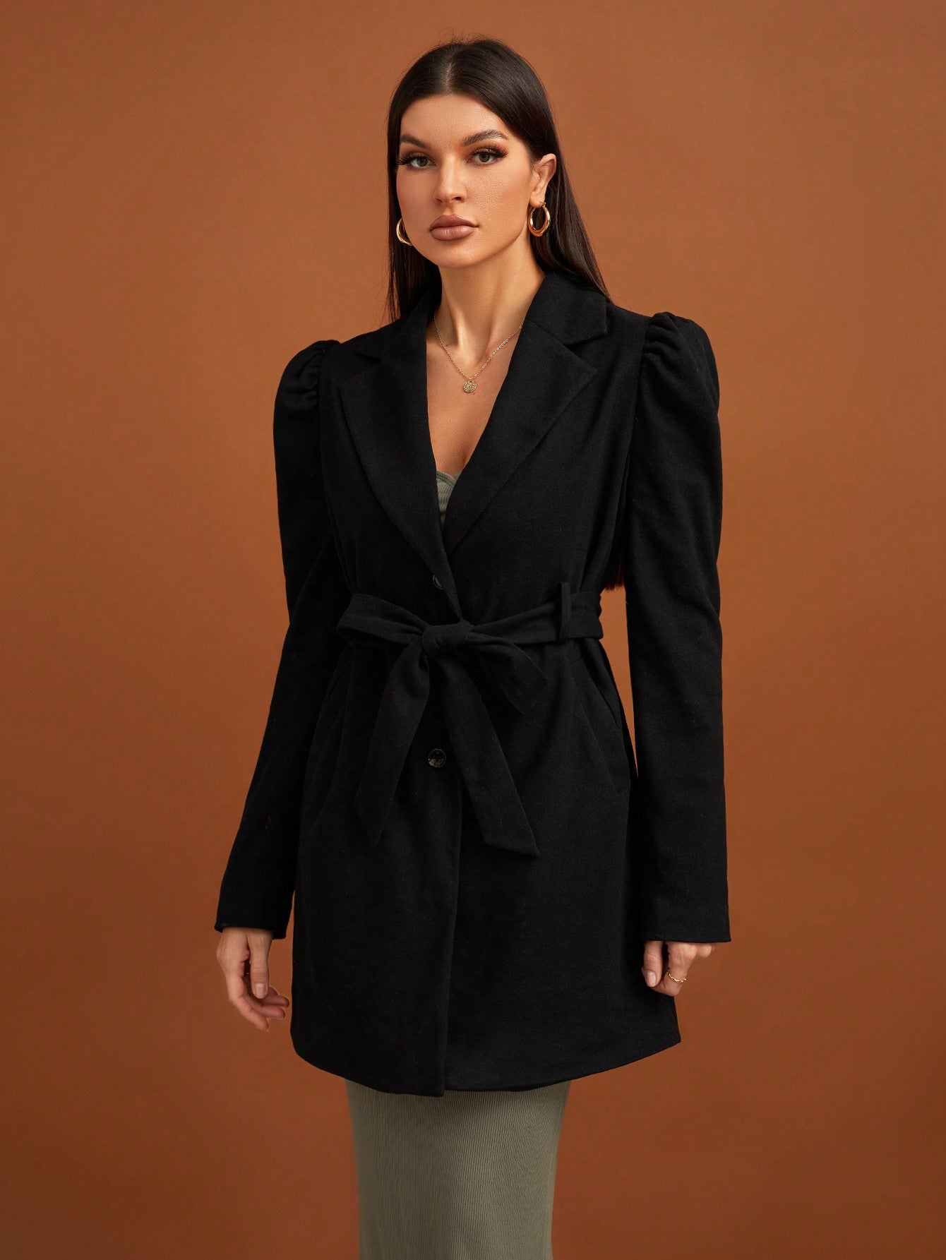 SHEIN Tall Lapel Neck Puff Sleeve Belted Overcoat