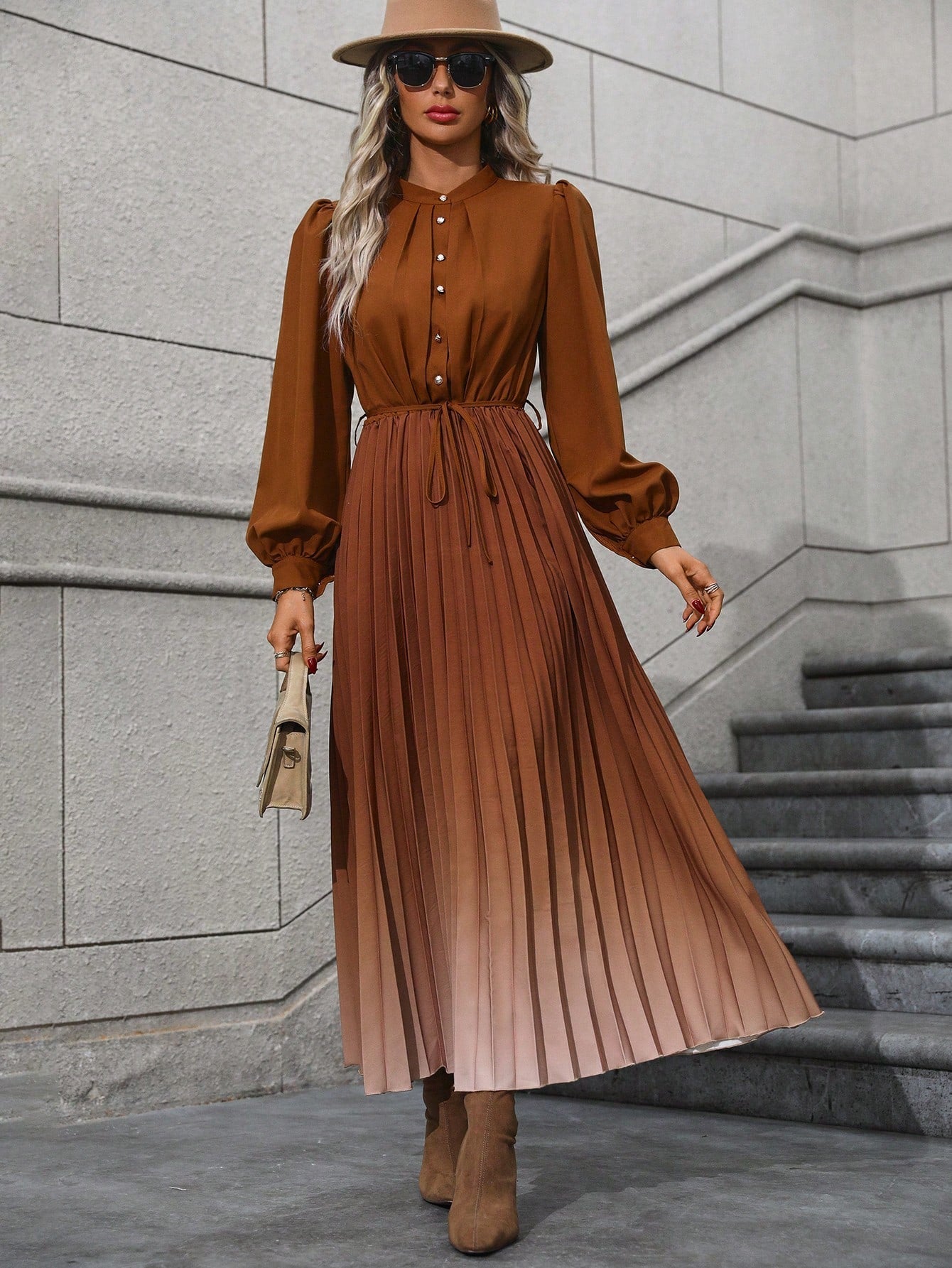 Ombre Pleated Hem Shirt Dress without Belt
