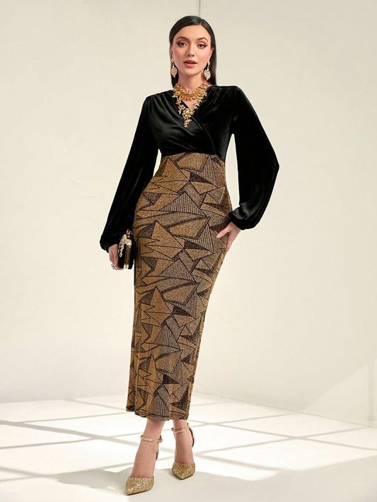 SHEIN Modely Graphic Print Lantern Sleeve Split Back Dress
