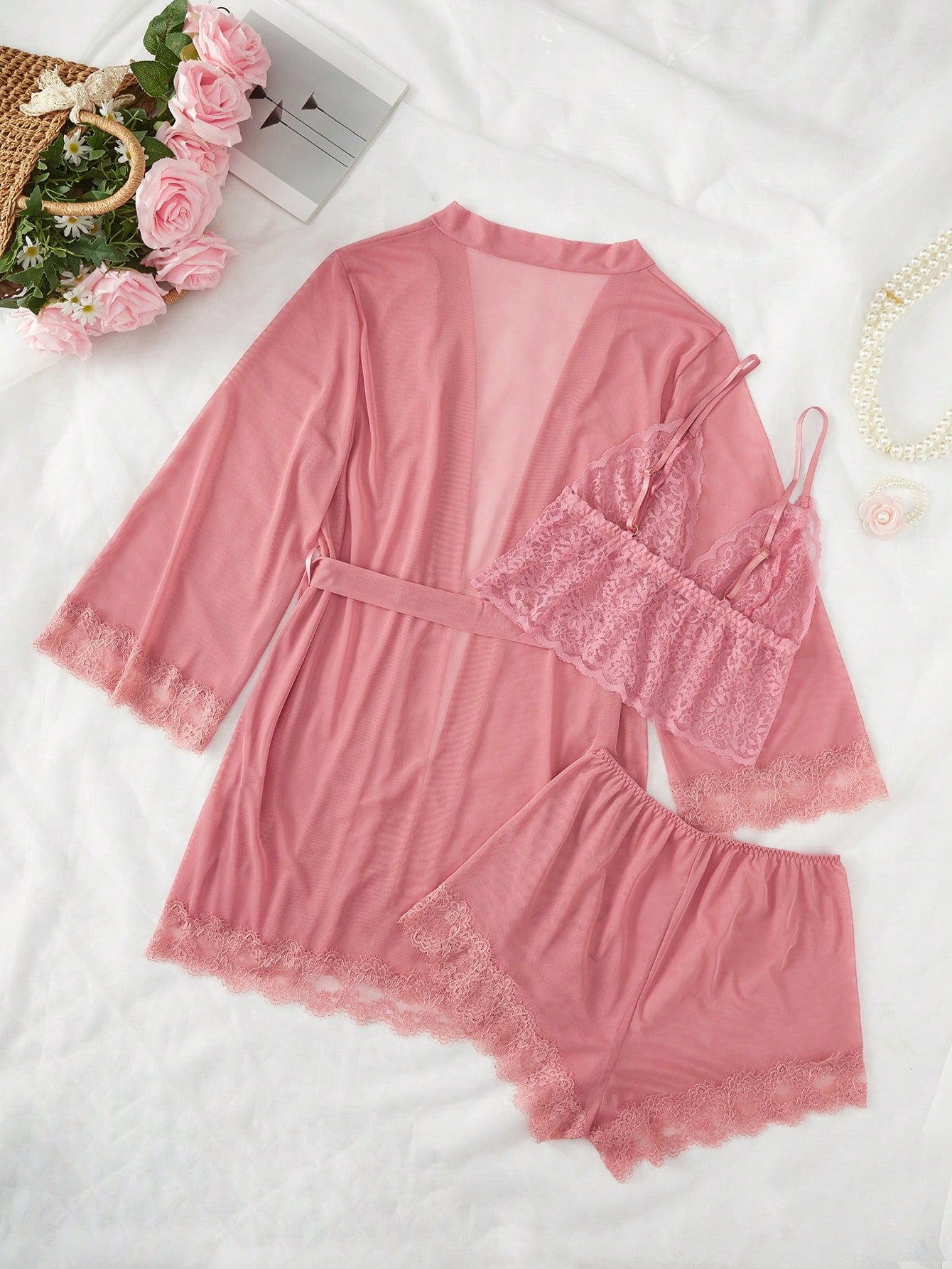Contrast Lace Cami Top & Shorts & Robe PJ Set