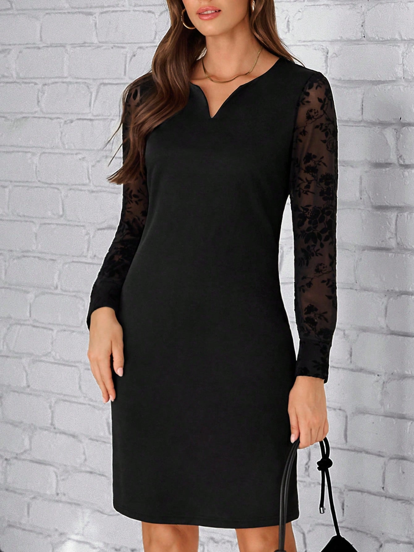 EMERY ROSE Contrast Mesh Sleeve Notched Neck Dress