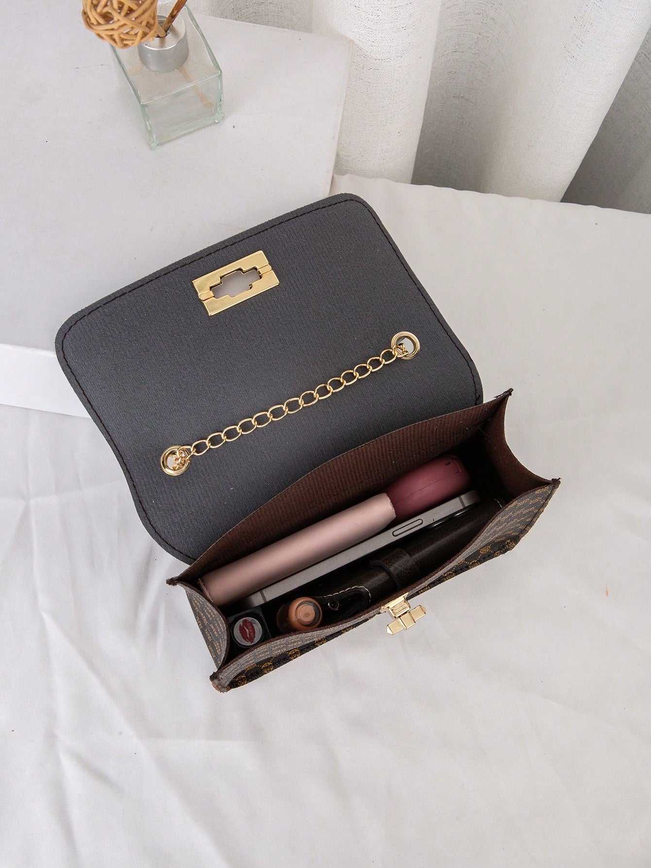 Vintage Retro New Fashion Polka Dots Shoulder Bag with Chain Strap, Scarf & Square Shaped Purse