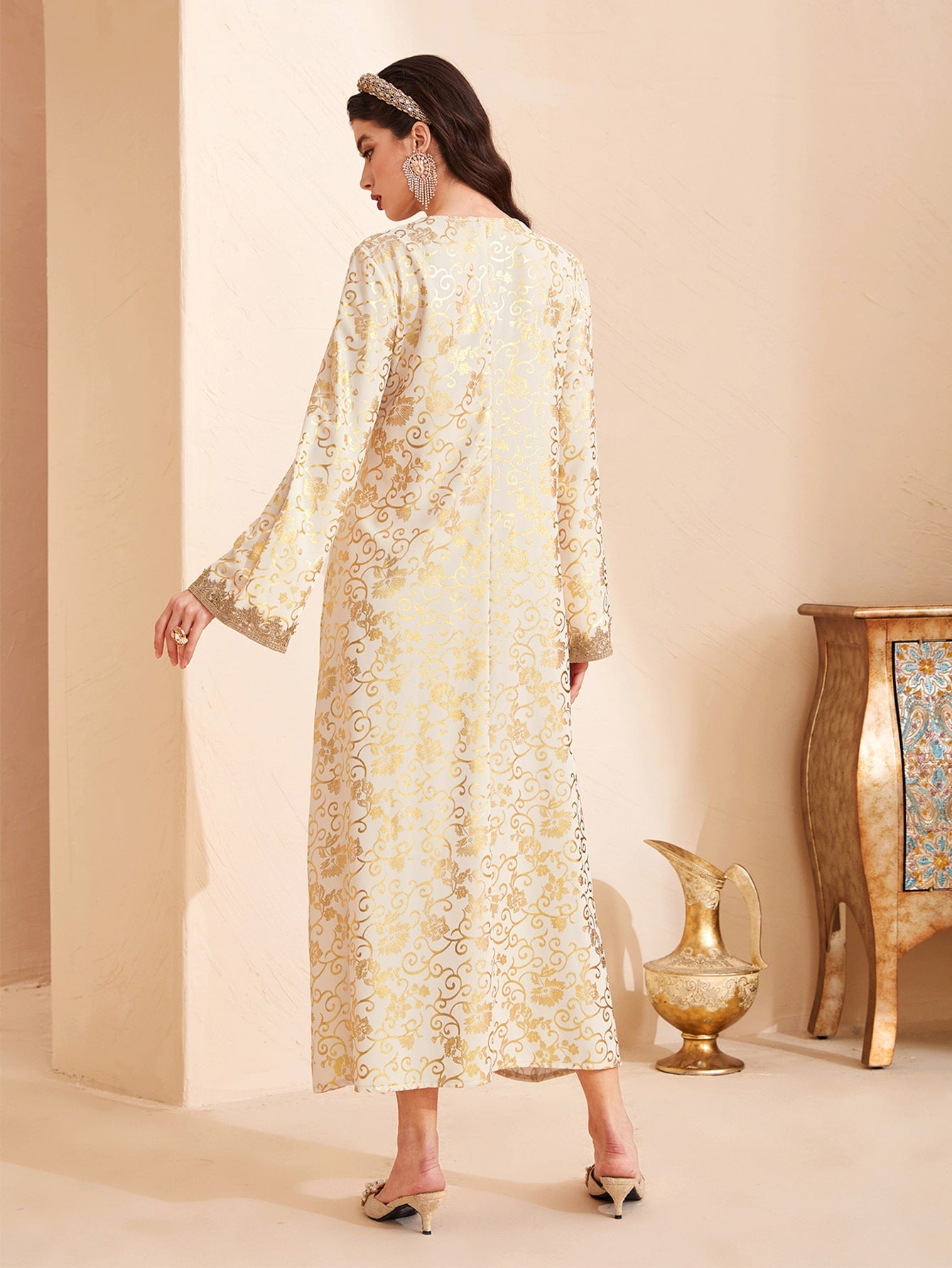 SHEIN Najma Allover Print Notched Neckline Contrast Tape Detail Dress