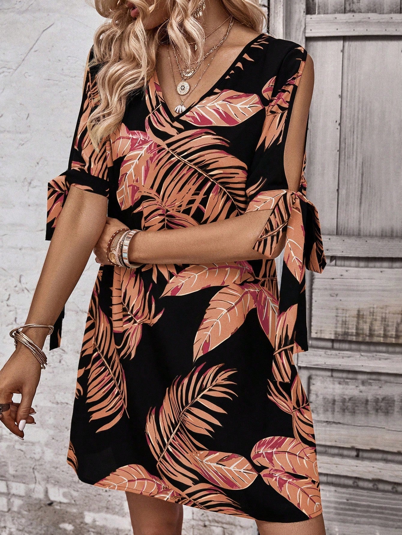 Tropical Print Knot Cuff Tunic Dress