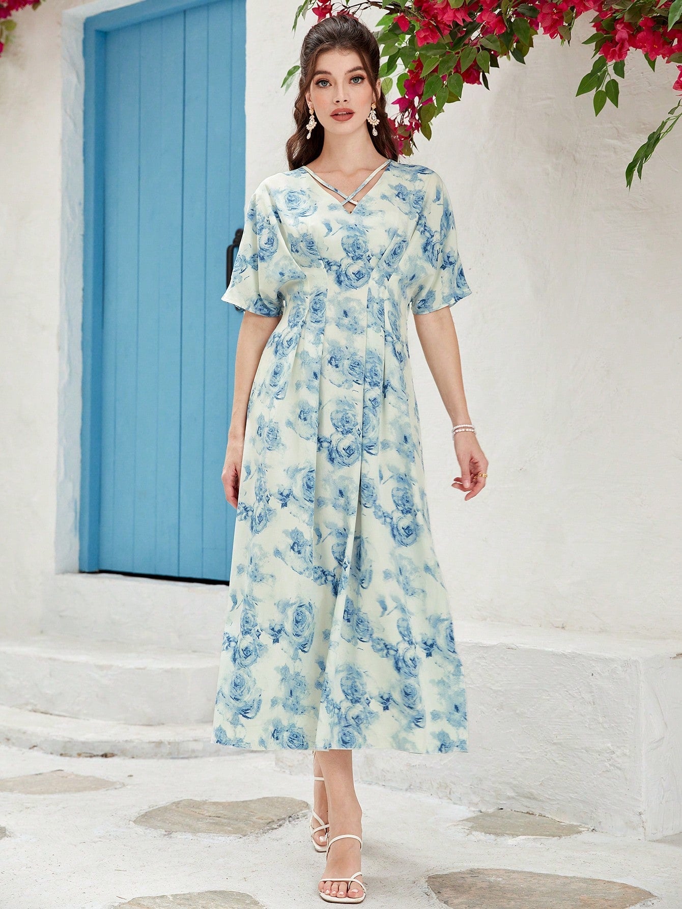 SHEIN Mulvari Floral Print Batwing Sleeve Belted Dress