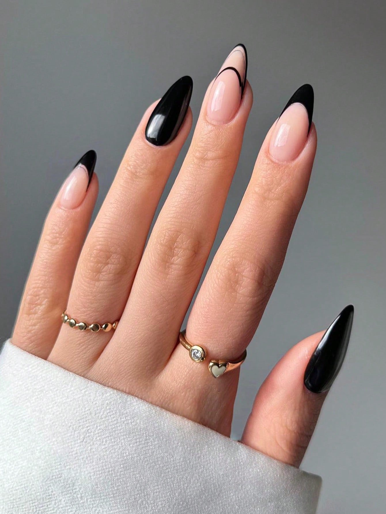 Elevate Your Style With,24Pcs Long Almond Black French Design Fake Nail Set,Contain 1Pcs Jelly Glue and 1Pcs Nail File, for Daily Wear by Women and Girls