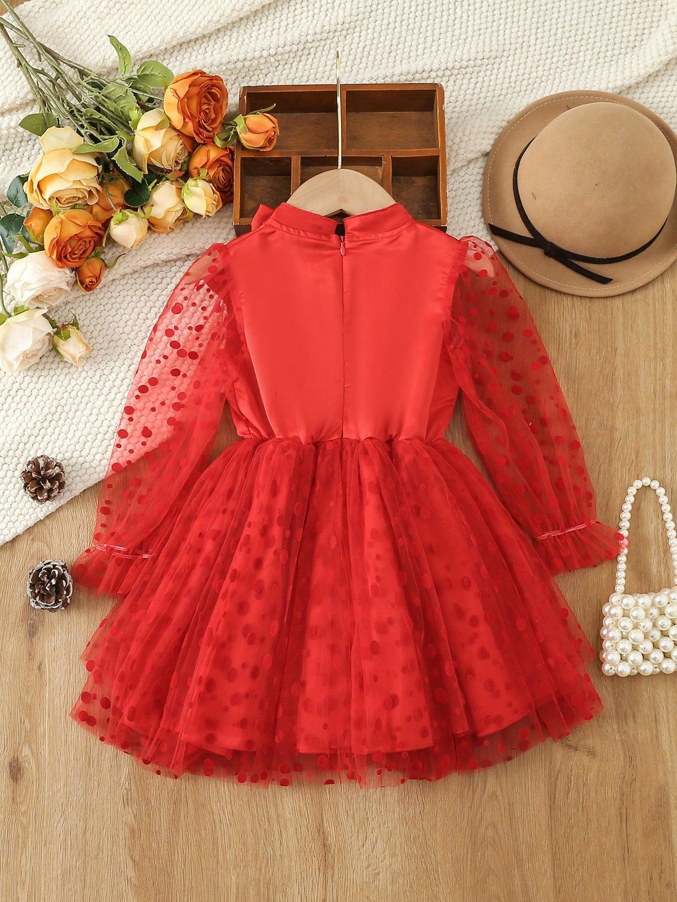 Young Girls' Vintage Polka Dot Mesh Dress with Bow Decor for Autumn