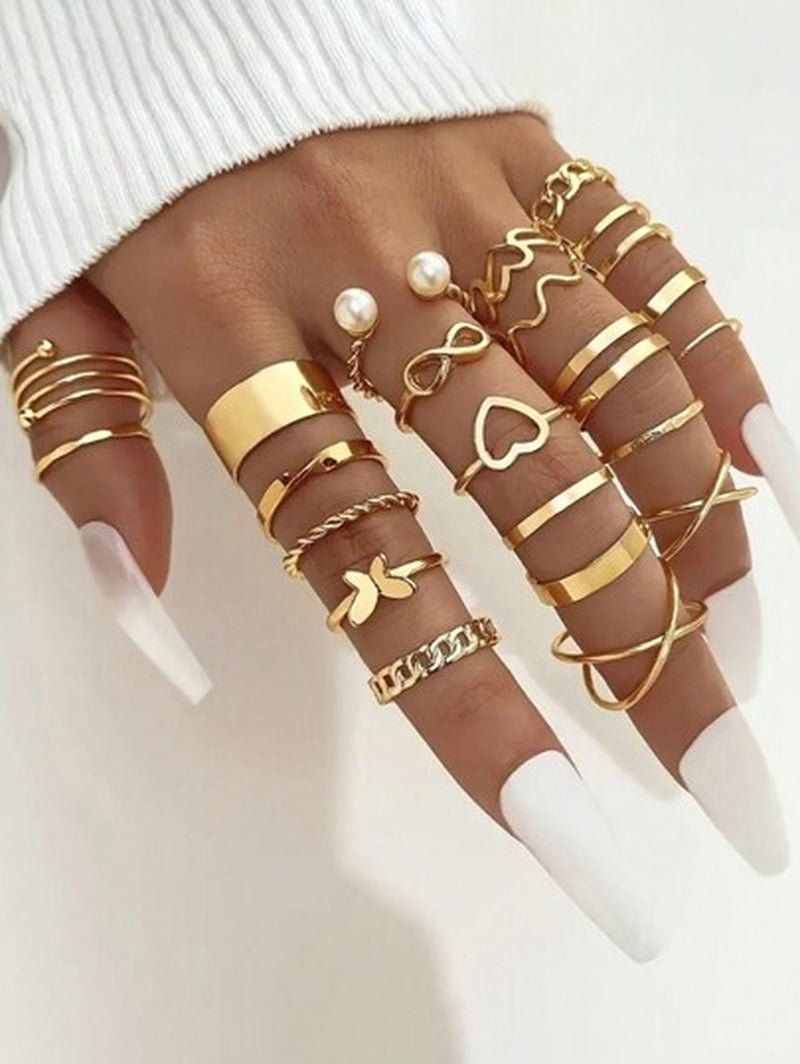 22-Piece Set of Love Butterfly Figure Eight Spiral Cross Imitation Pearl Ring Set for Ladies Date Holiday Gift