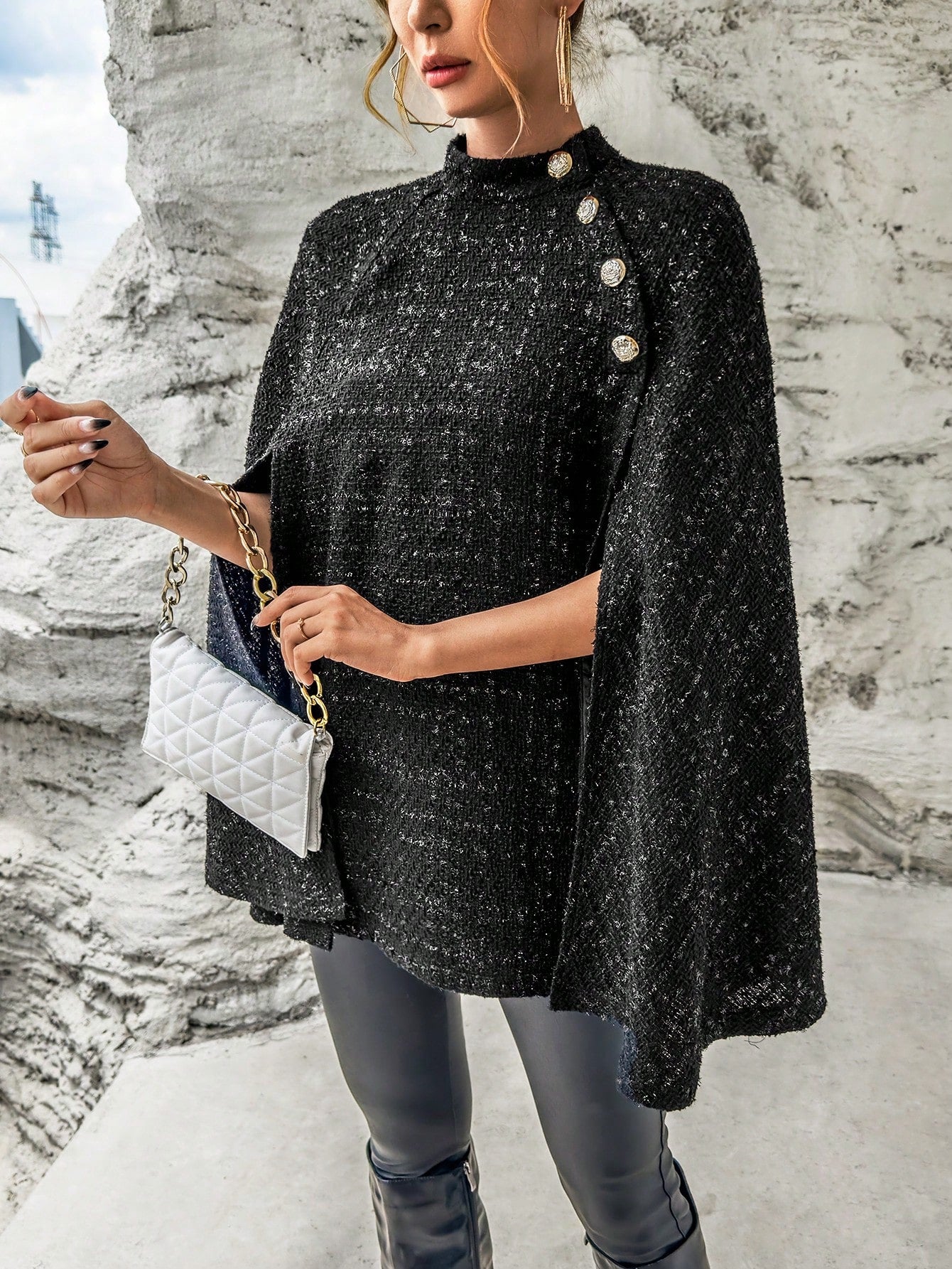 SHEIN Privé Mock Neck Button Detail Cloak Sleeve Glitter Cape Coat