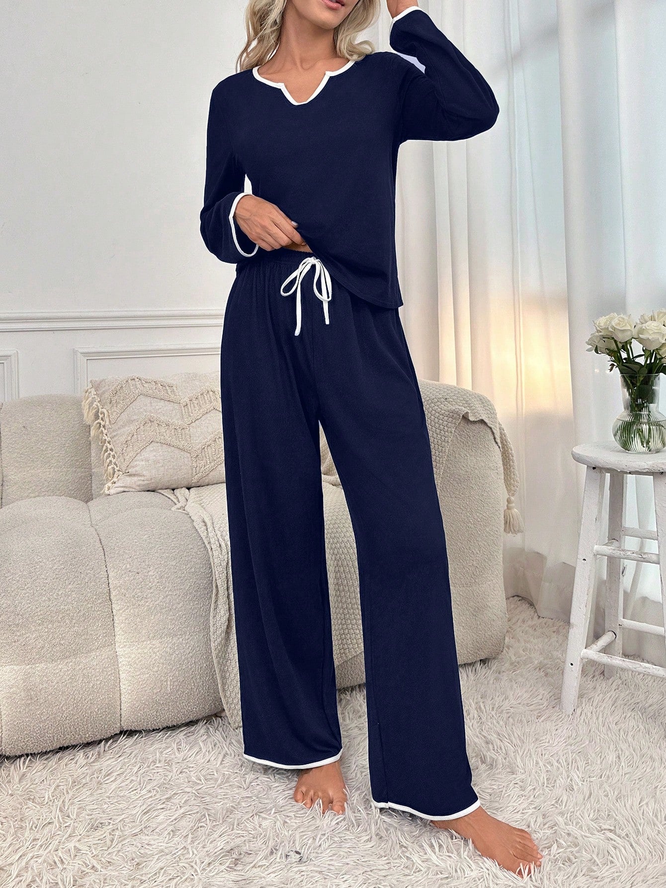 Contrast Binding Notched Neckline Knot Front Lounge Set