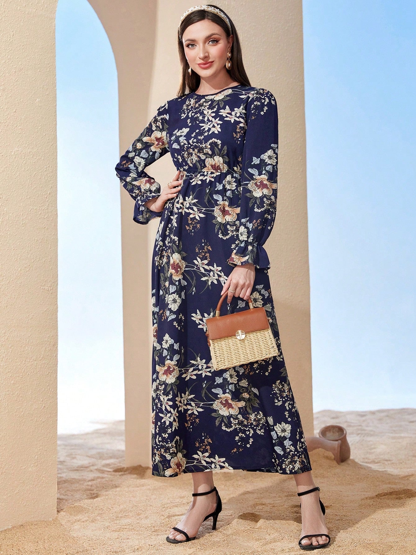 SHEIN Mulvari Floral Print Flare Sleeve Dress
