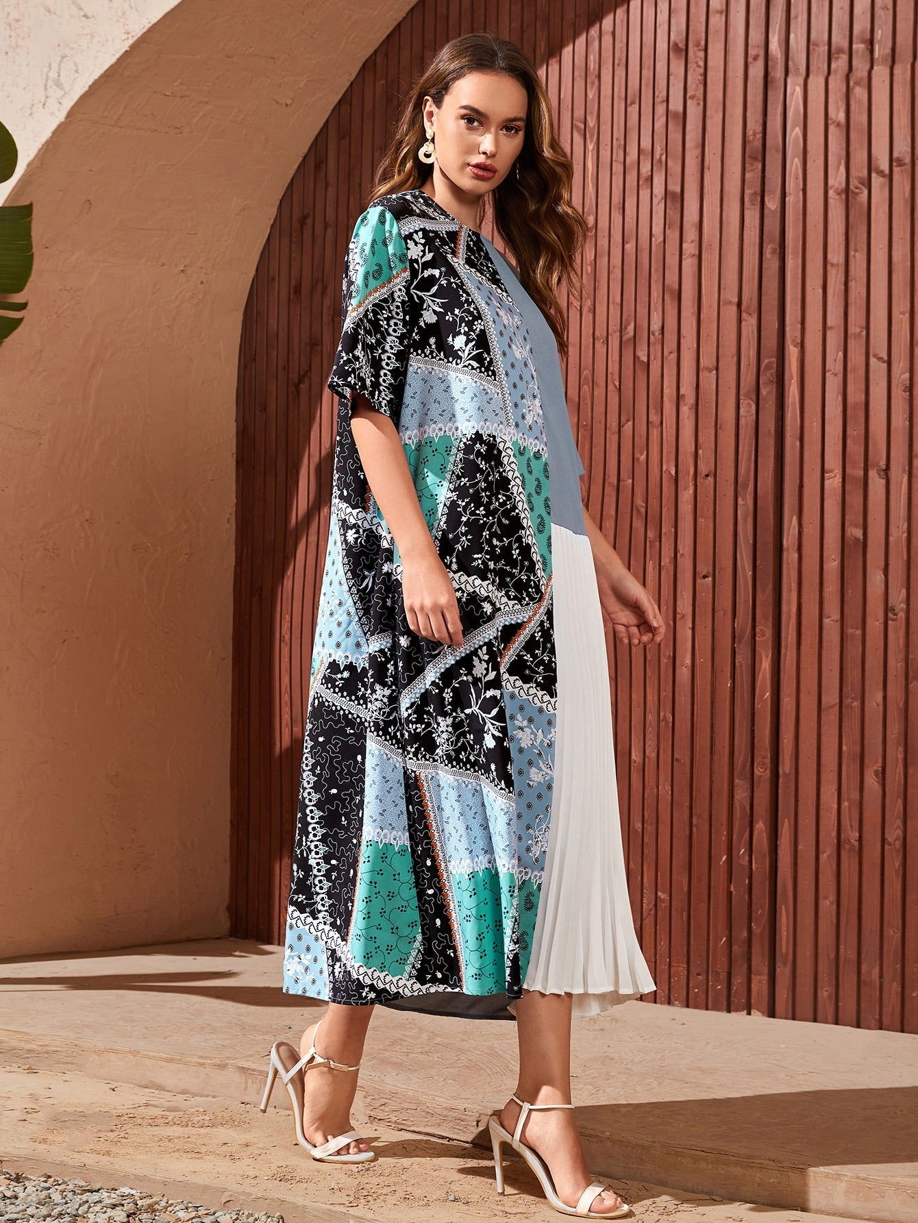 SHEIN Mulvari Colorblock Patchwork & Scarf Print Pleated Hem Dress