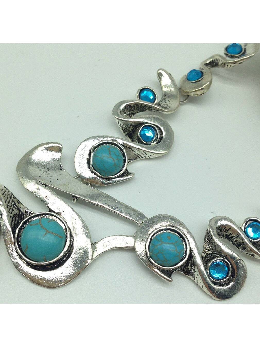 1Pc Bohemian Style Vintage Turquoise Inlaid Silver Plated Necklace & Earrings Set, Suitable for Women'S Daily Wear and Party