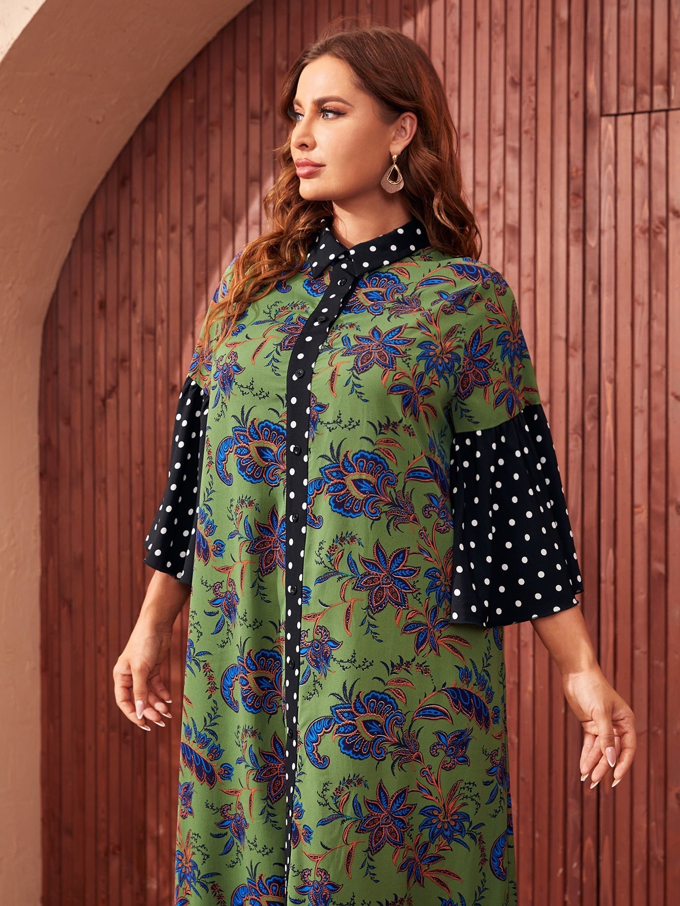 SHEIN Mulvari plus Paisley & Polka Dot Print Ruffle Hem Button Front Dress