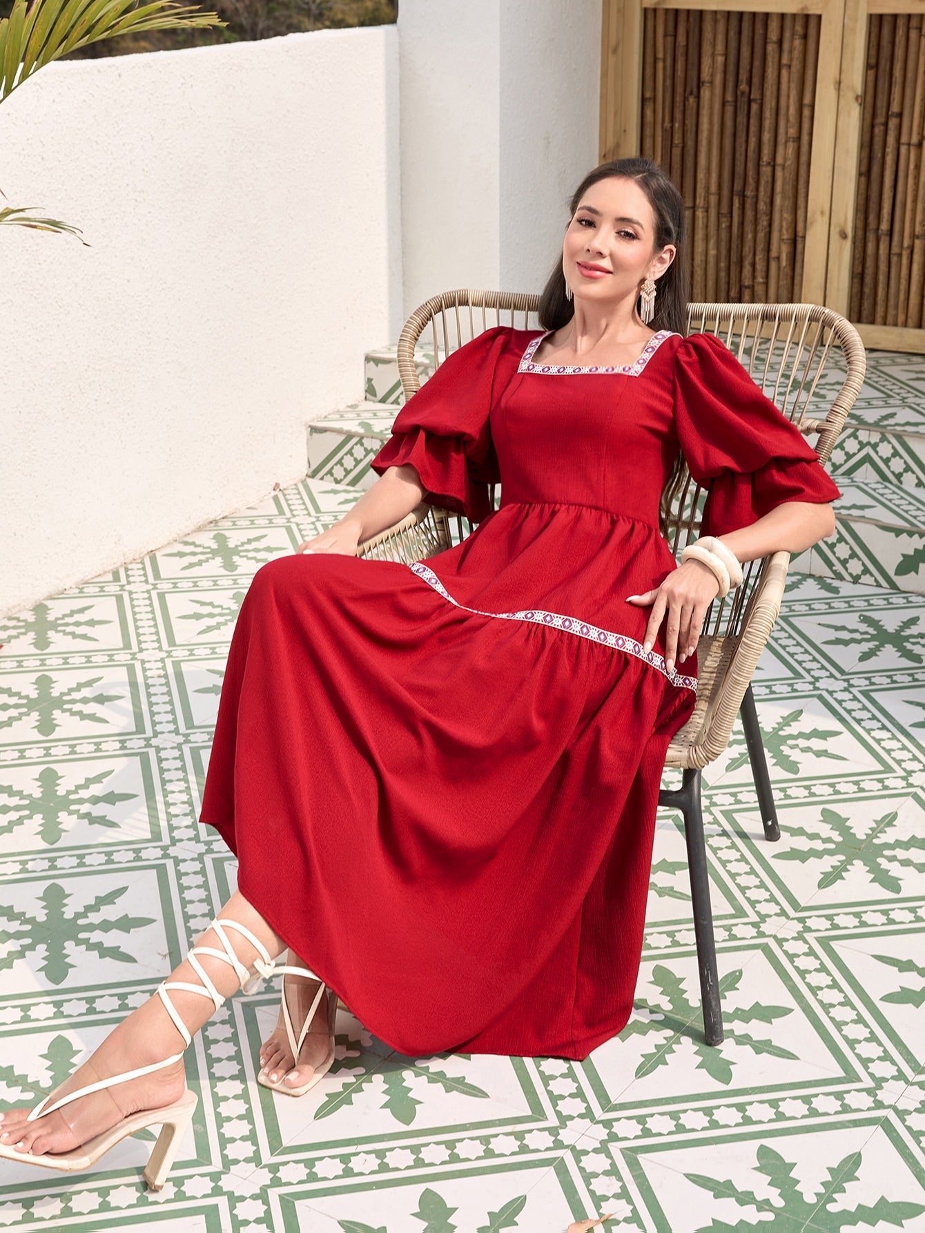 SHEIN Mulvari Square Neck Flounce Sleeve Ruffle Hem Dress