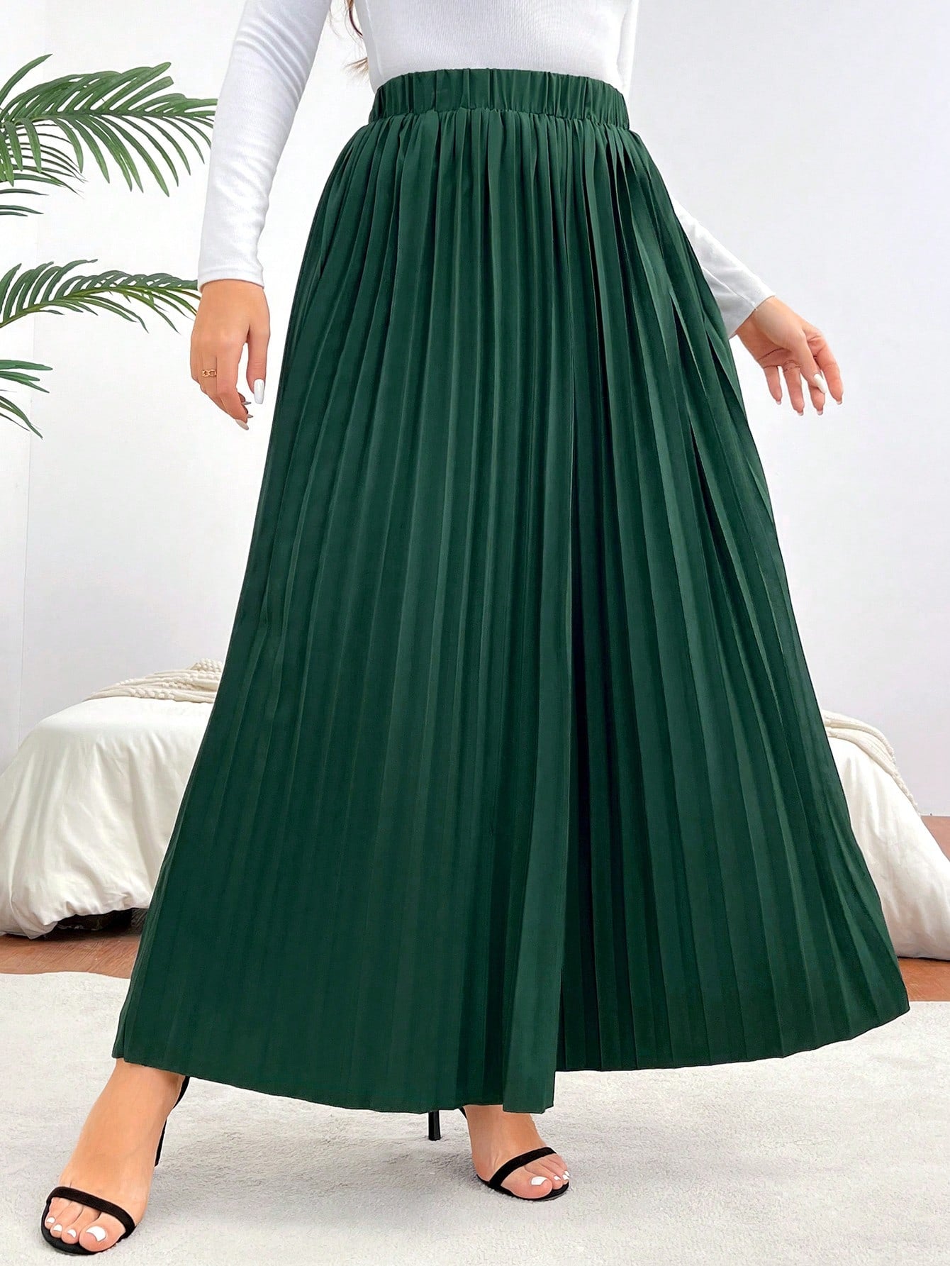 SHEIN Privé plus Size Elastic Waist Puff Pleated Wide Leg Pants