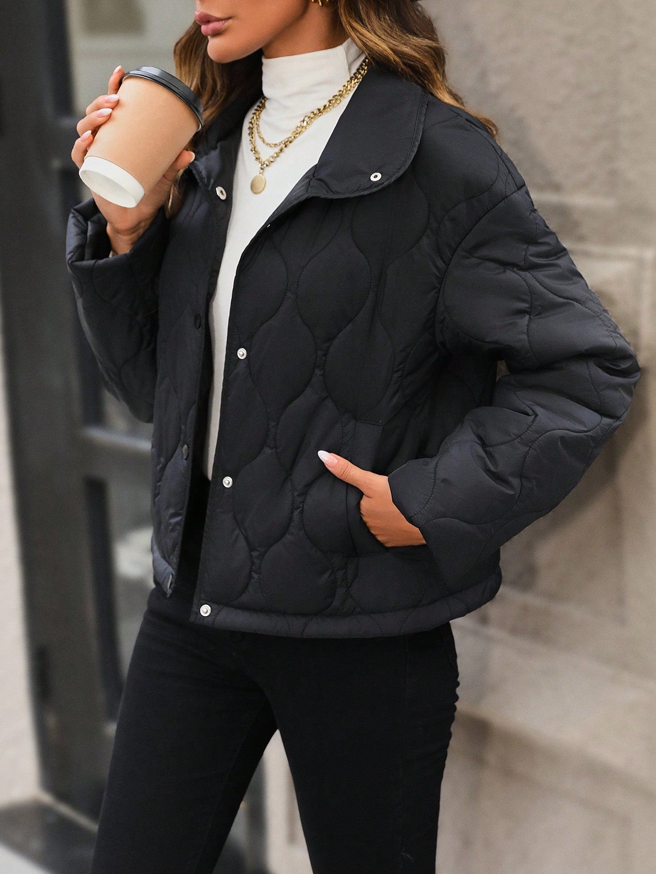 SHEIN LUNE Snap Button up Quilted Coat