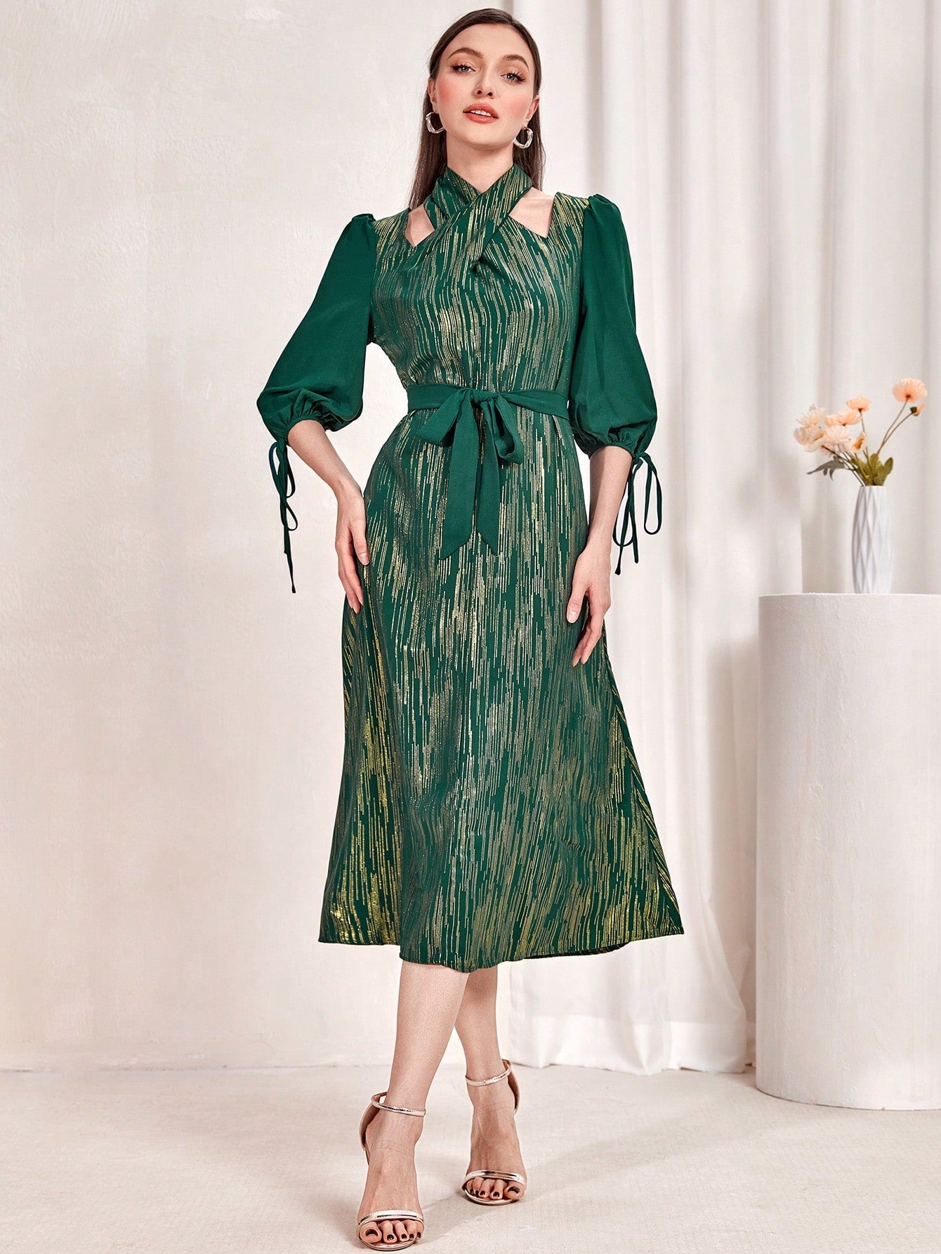 SHEIN Najma Cut Out Detail Knot Cuff Belted Dress