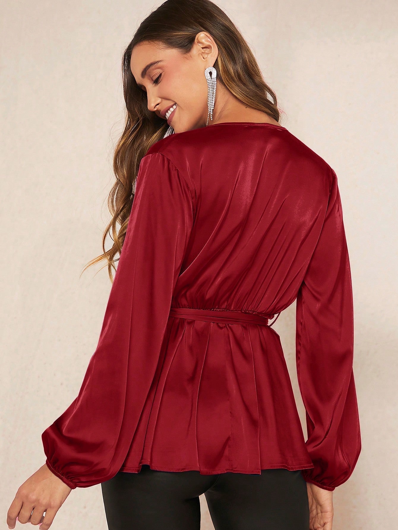 SHEIN Clasi Lantern Sleeve Belted Satin Peplum Top